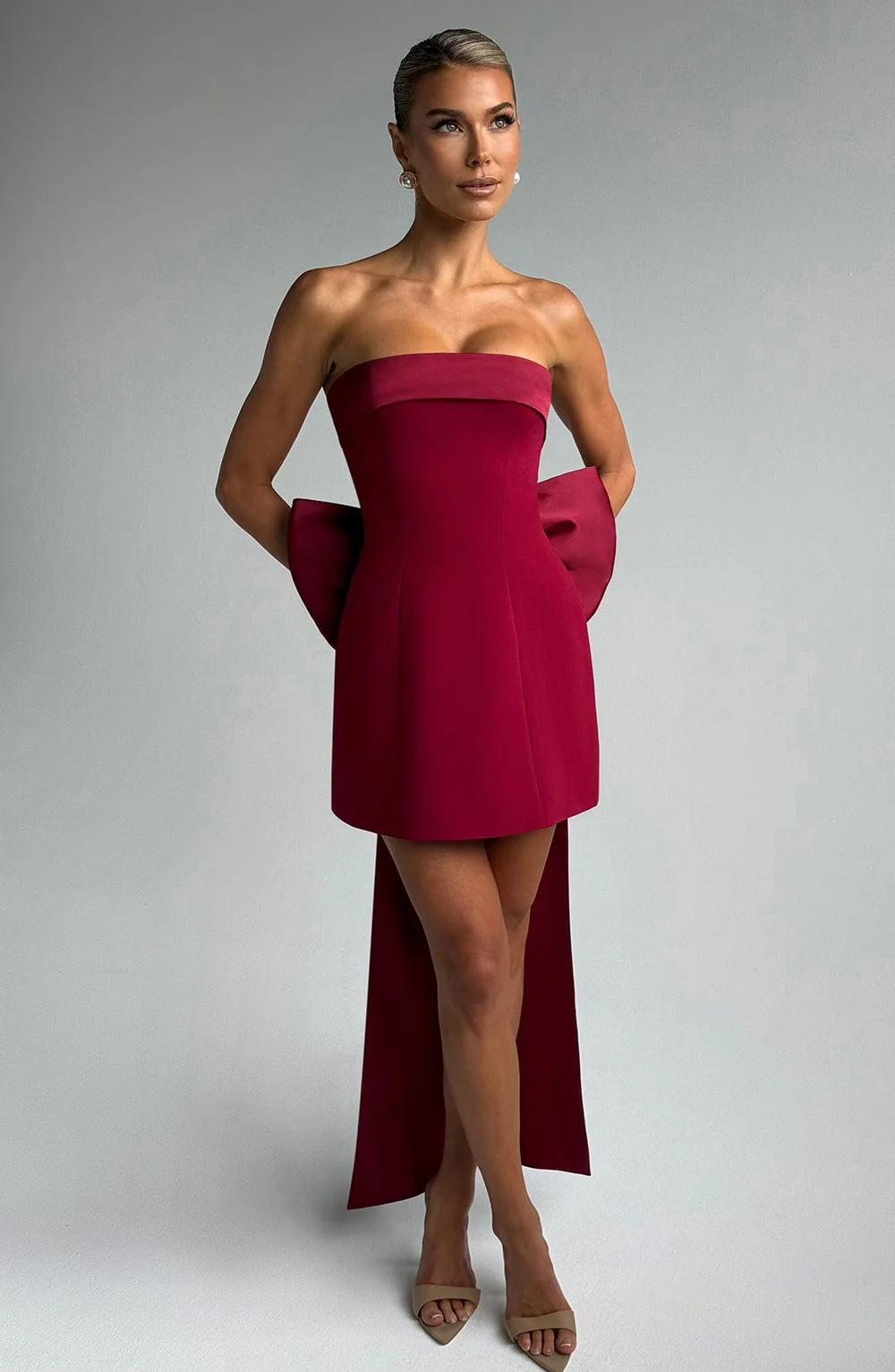 Wine Strapless A-Line Mini Dress with Satin Bow Detail