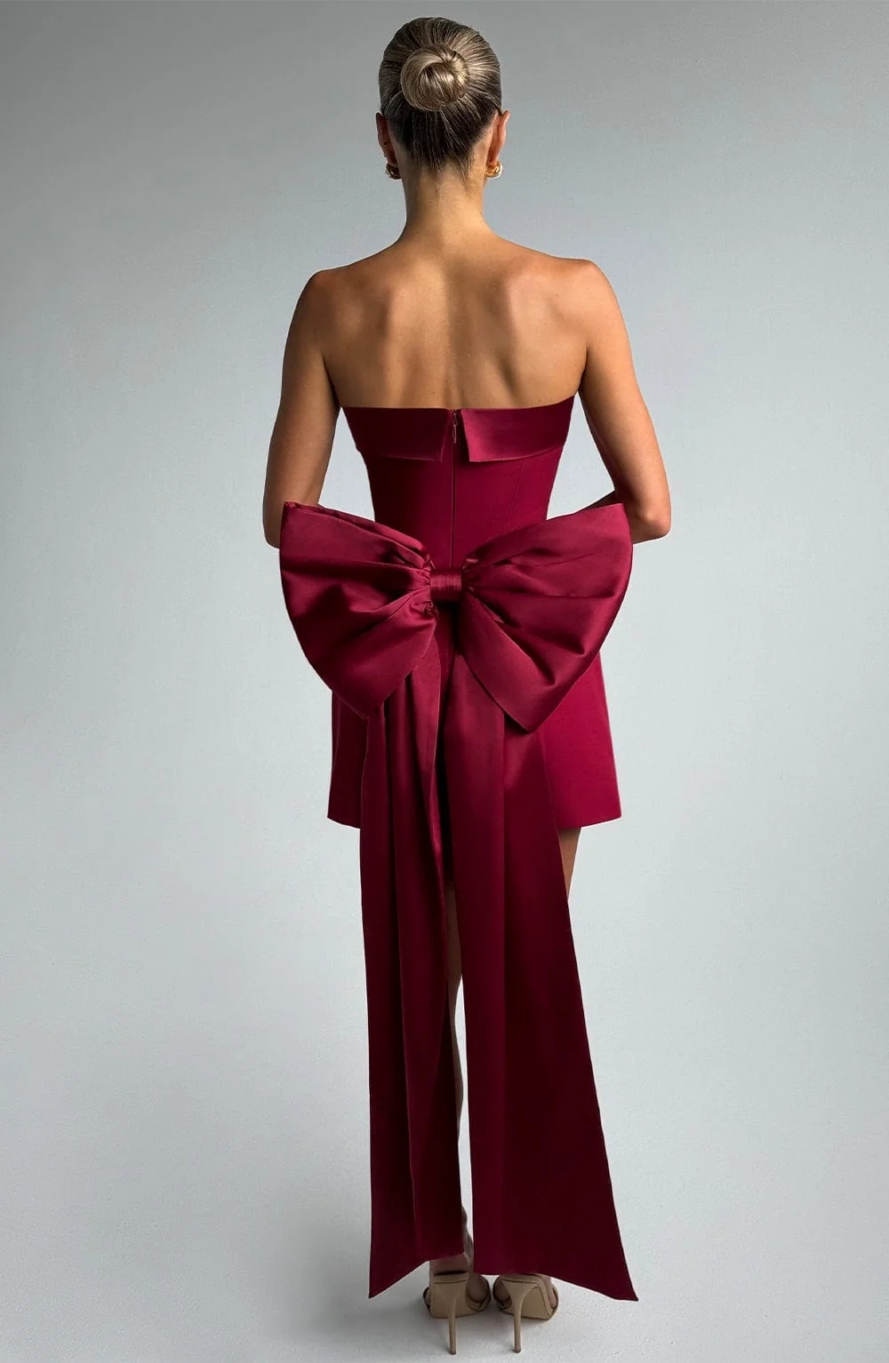 Wine Strapless A-Line Mini Dress with Satin Bow Detail