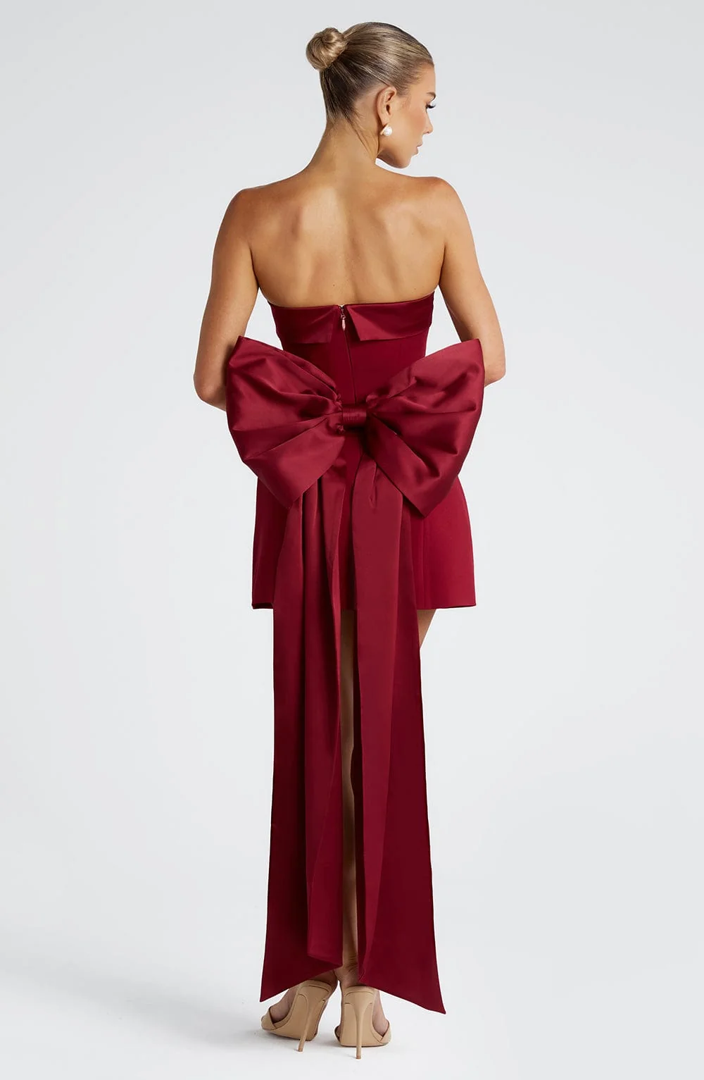 Wine Strapless A-Line Mini Dress with Satin Bow Detail