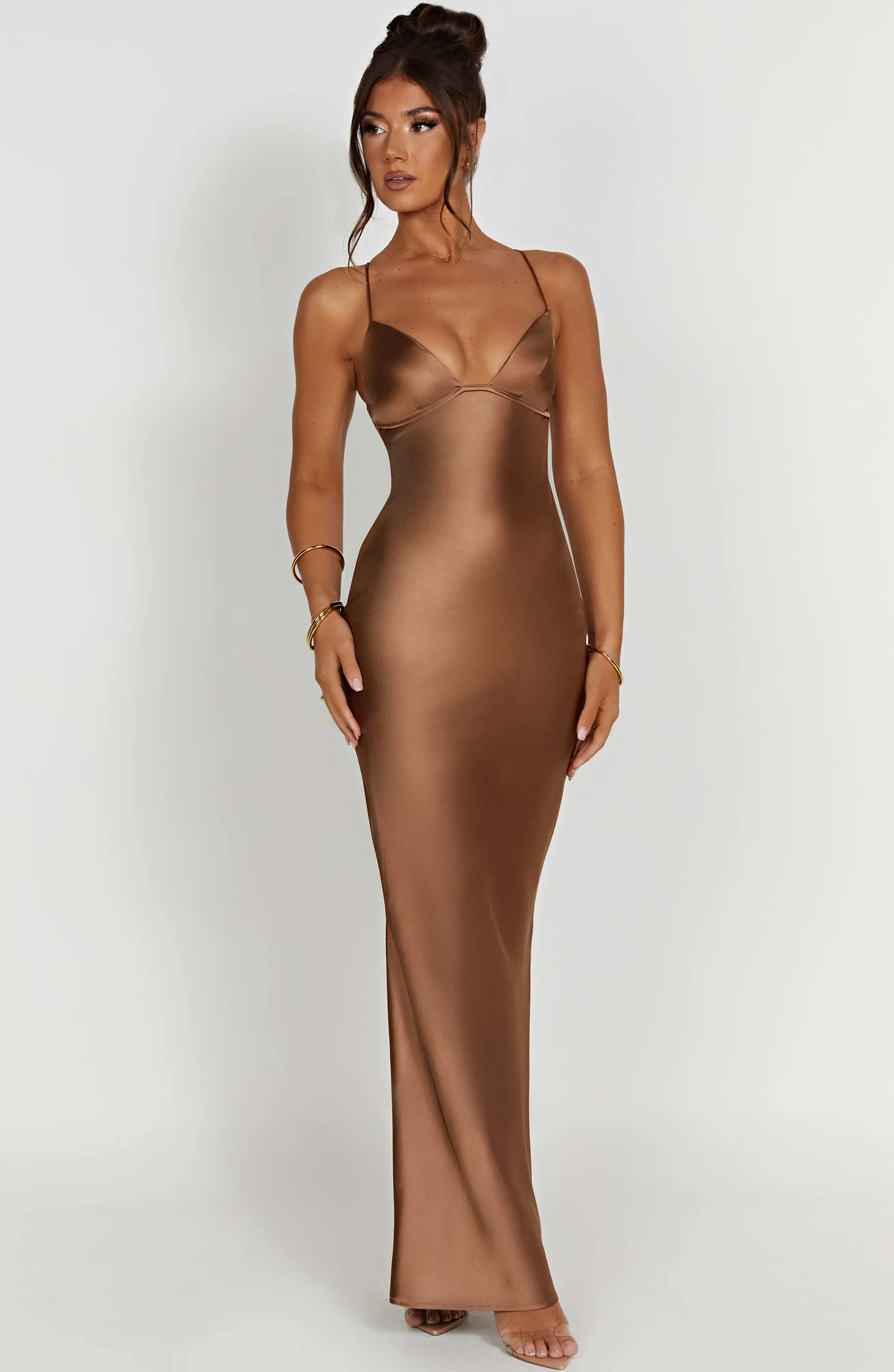 Chocolate Bias Cut Satin Maxi Dress - Elegant Evening Gown