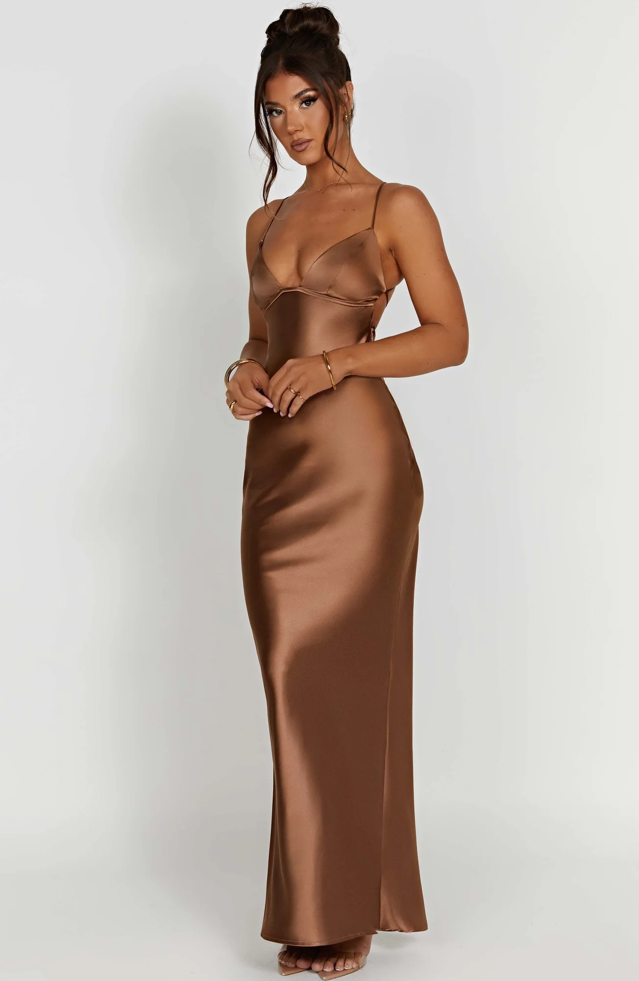 Chocolate Bias Cut Satin Maxi Dress - Elegant Evening Gown