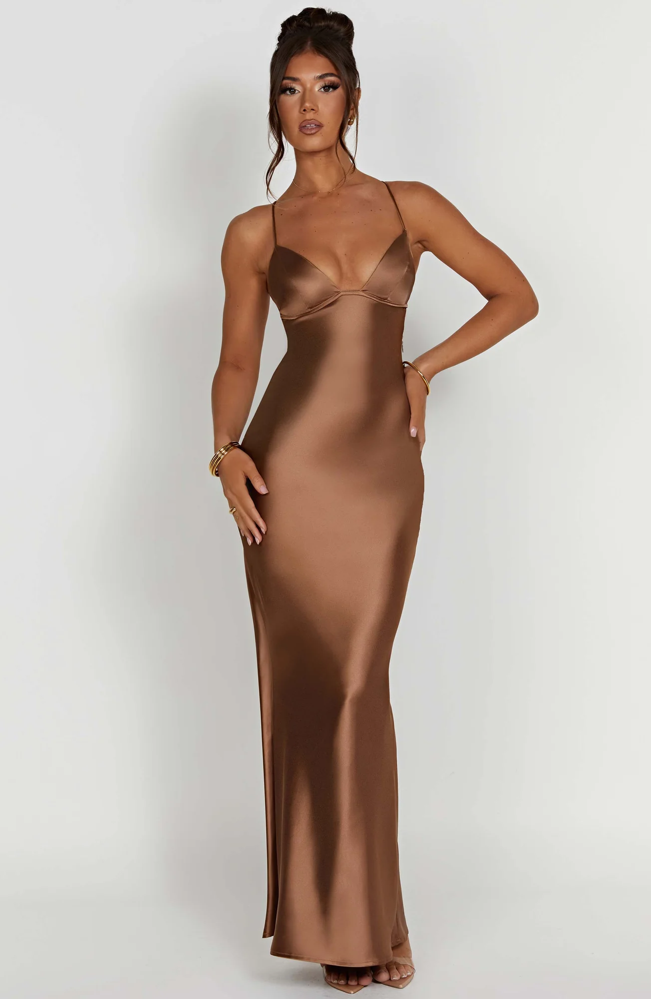 Chocolate Bias Cut Satin Maxi Dress - Elegant Evening Gown