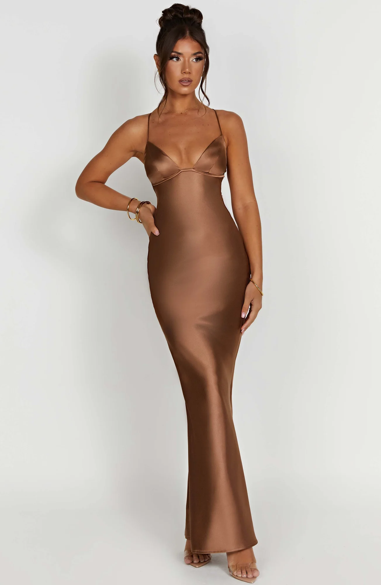 Chocolate Bias Cut Satin Maxi Dress - Elegant Evening Gown