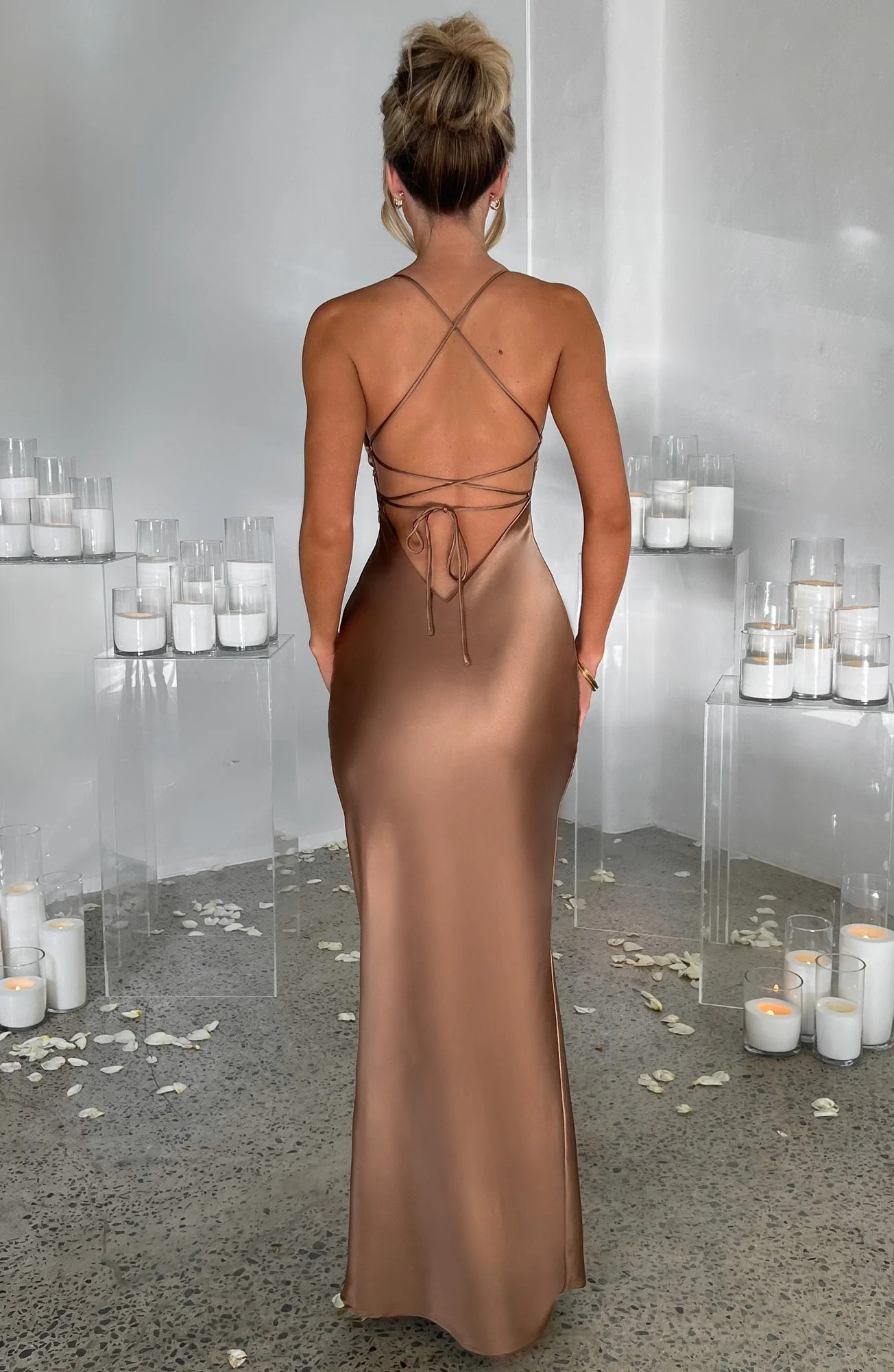 Chocolate Bias Cut Satin Maxi Dress - Elegant Evening Gown