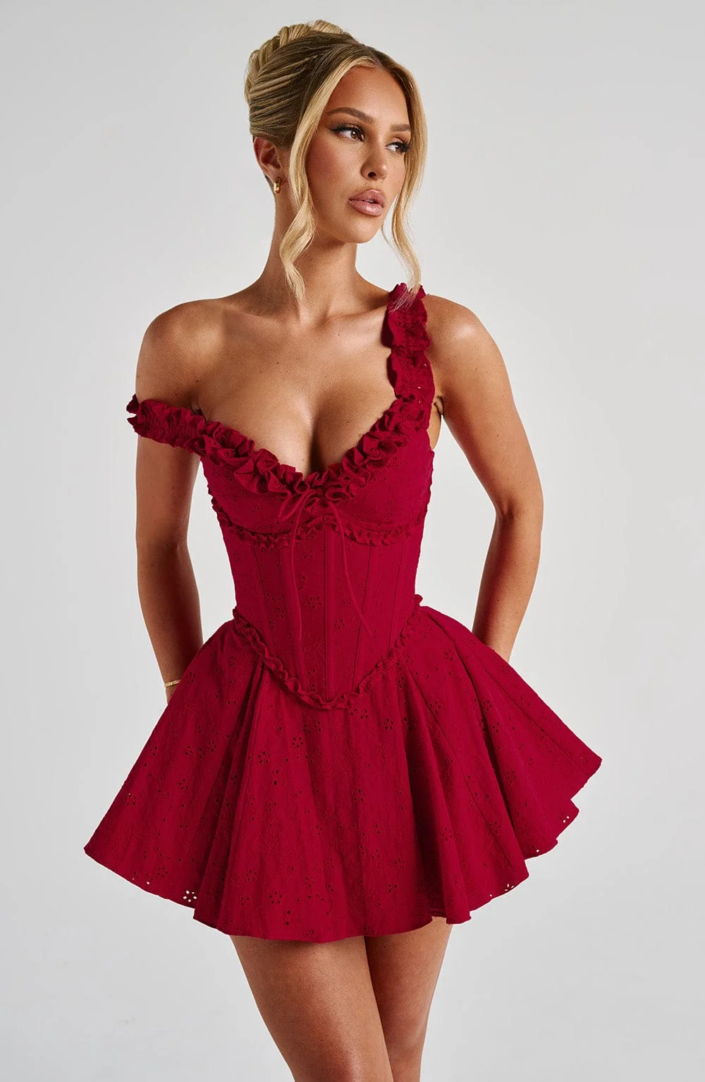 Red Broderie Anglaise Playsuit Mini Dress
