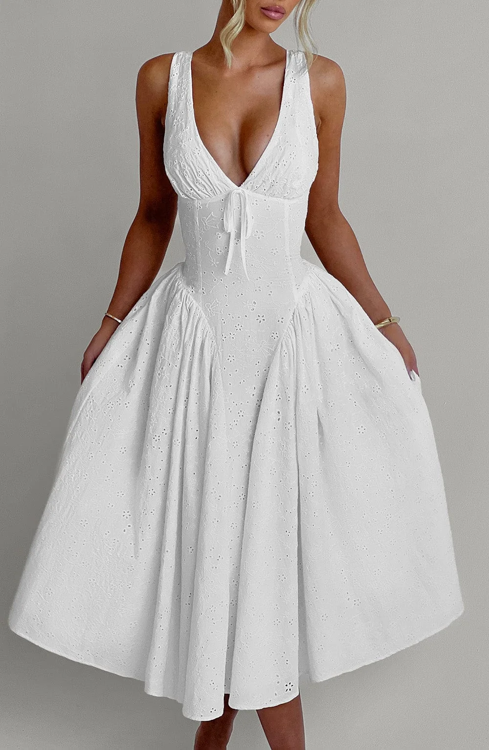 Elegant Ivory Broderie Anglaise Midi Dress