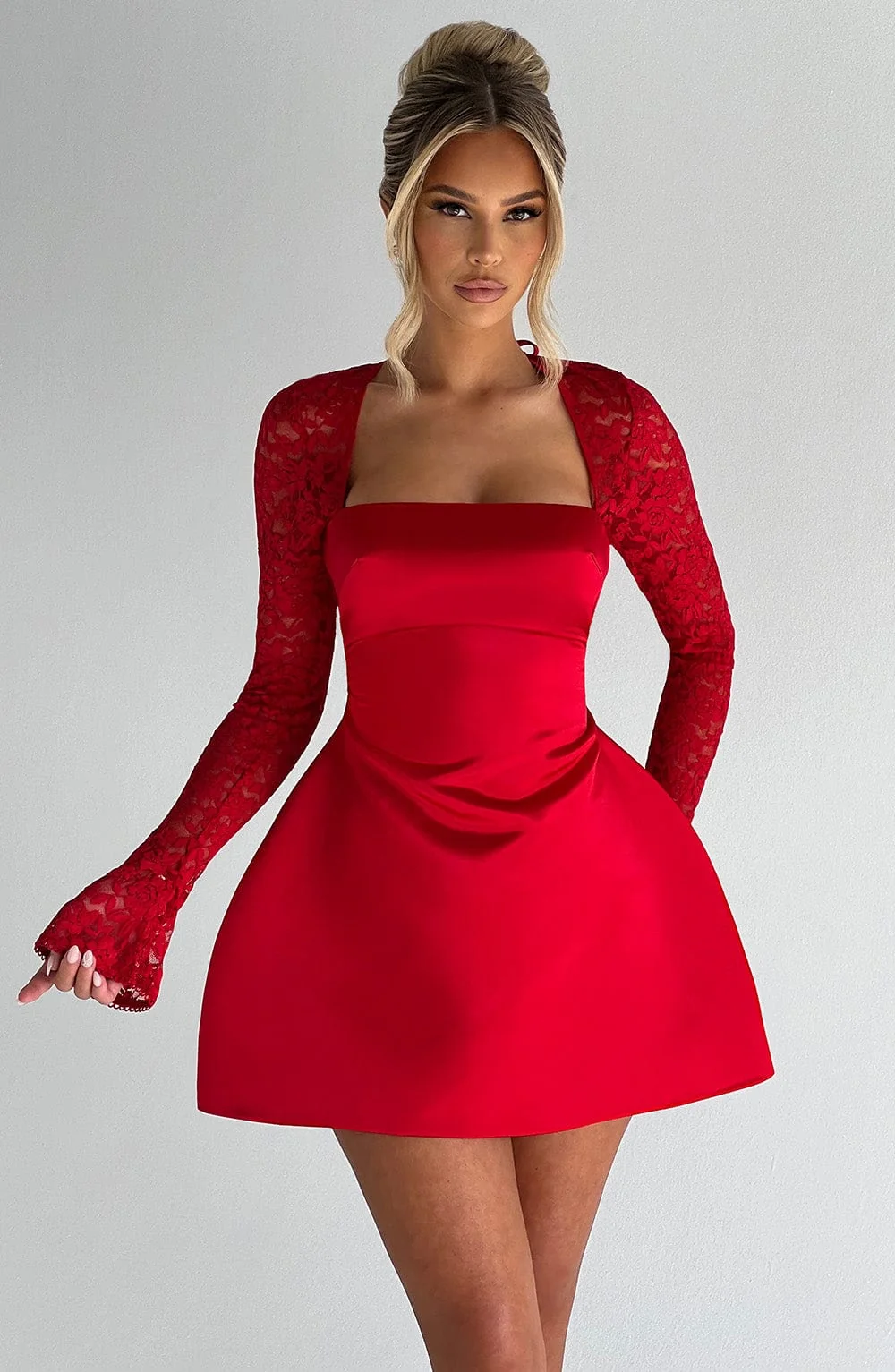 Red Satin Square Neck Mini Dress - Romantic Chic Style