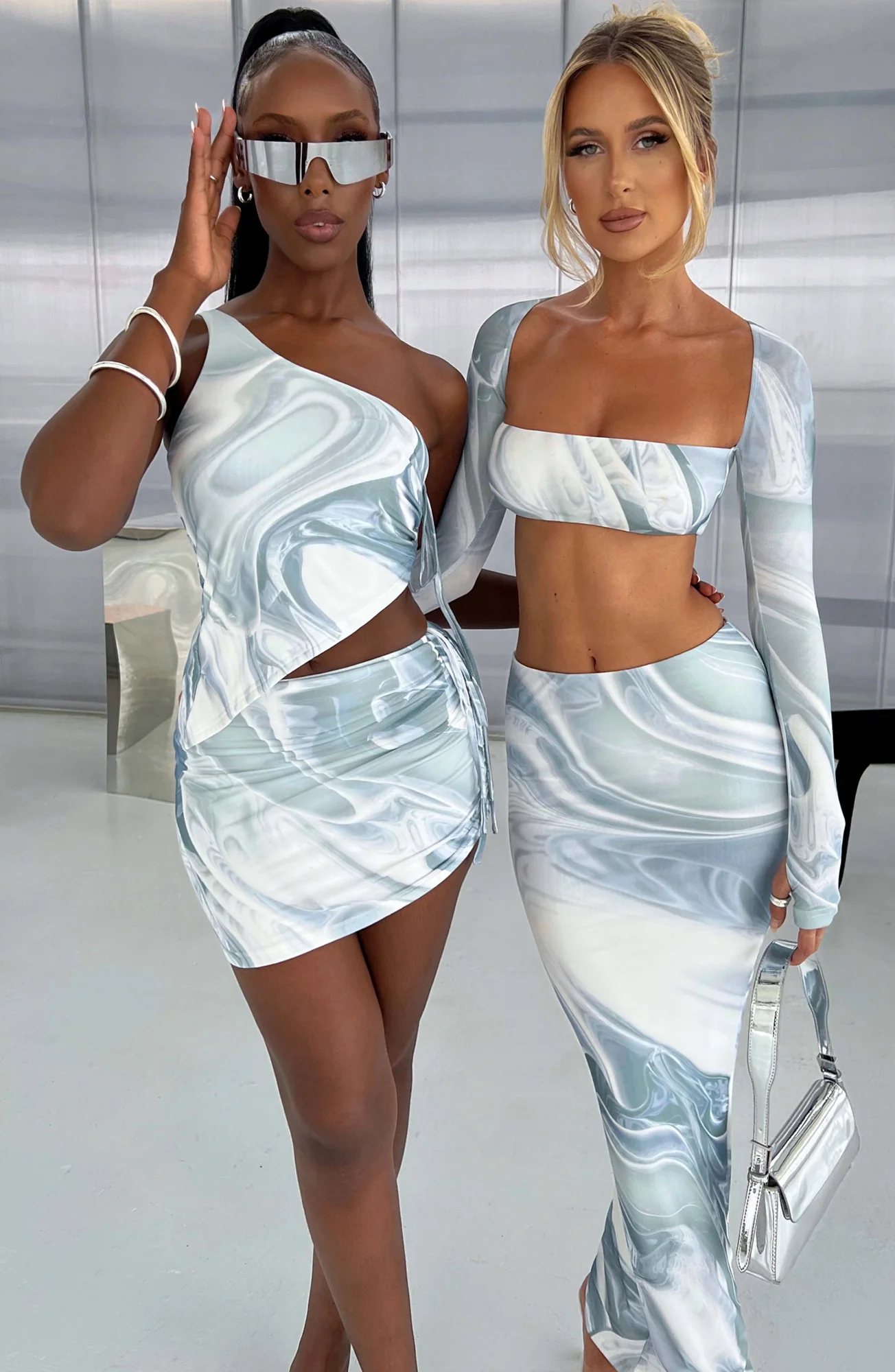 Grey Haze Print Mesh Crop Top with Long Sleeves