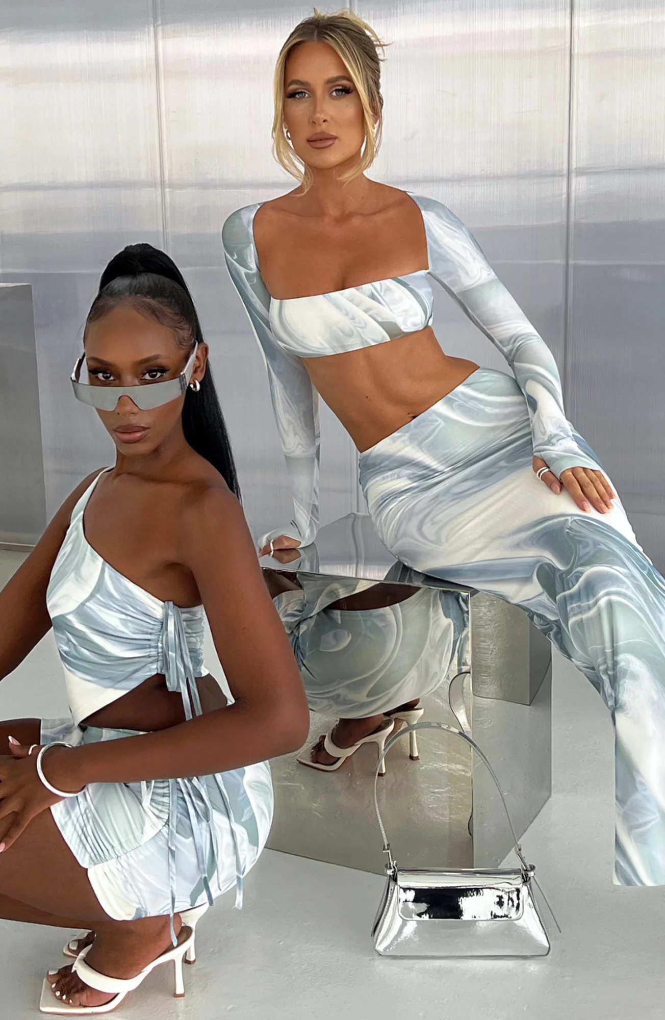 Grey Haze Print Mesh Crop Top with Long Sleeves