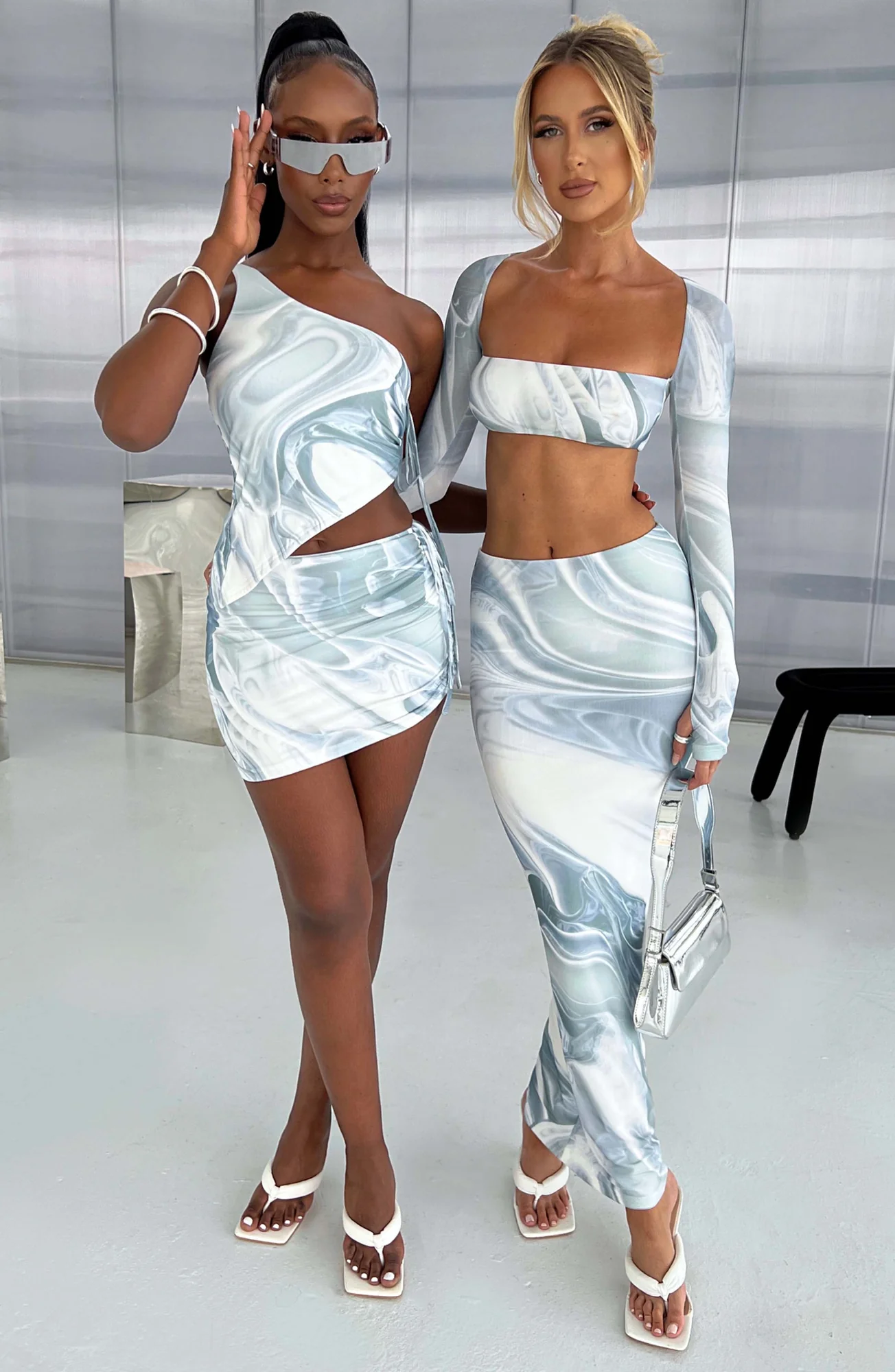 Grey Haze Print Mesh Crop Top with Long Sleeves