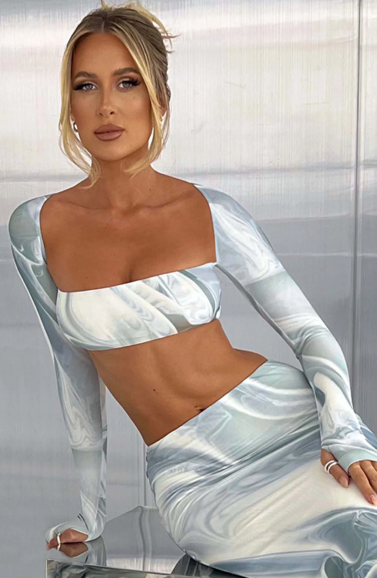 Grey Haze Print Mesh Crop Top with Long Sleeves