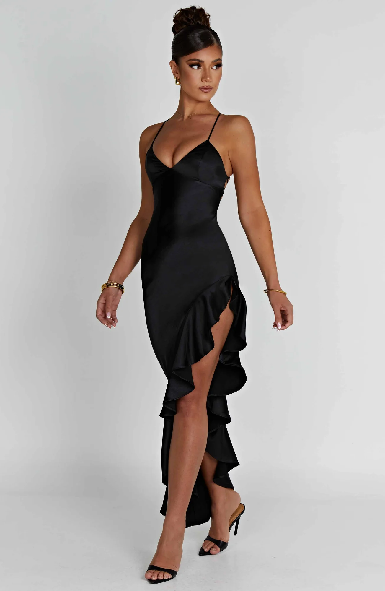 Black Satin Asymmetric Frill Hem Maxi Dress