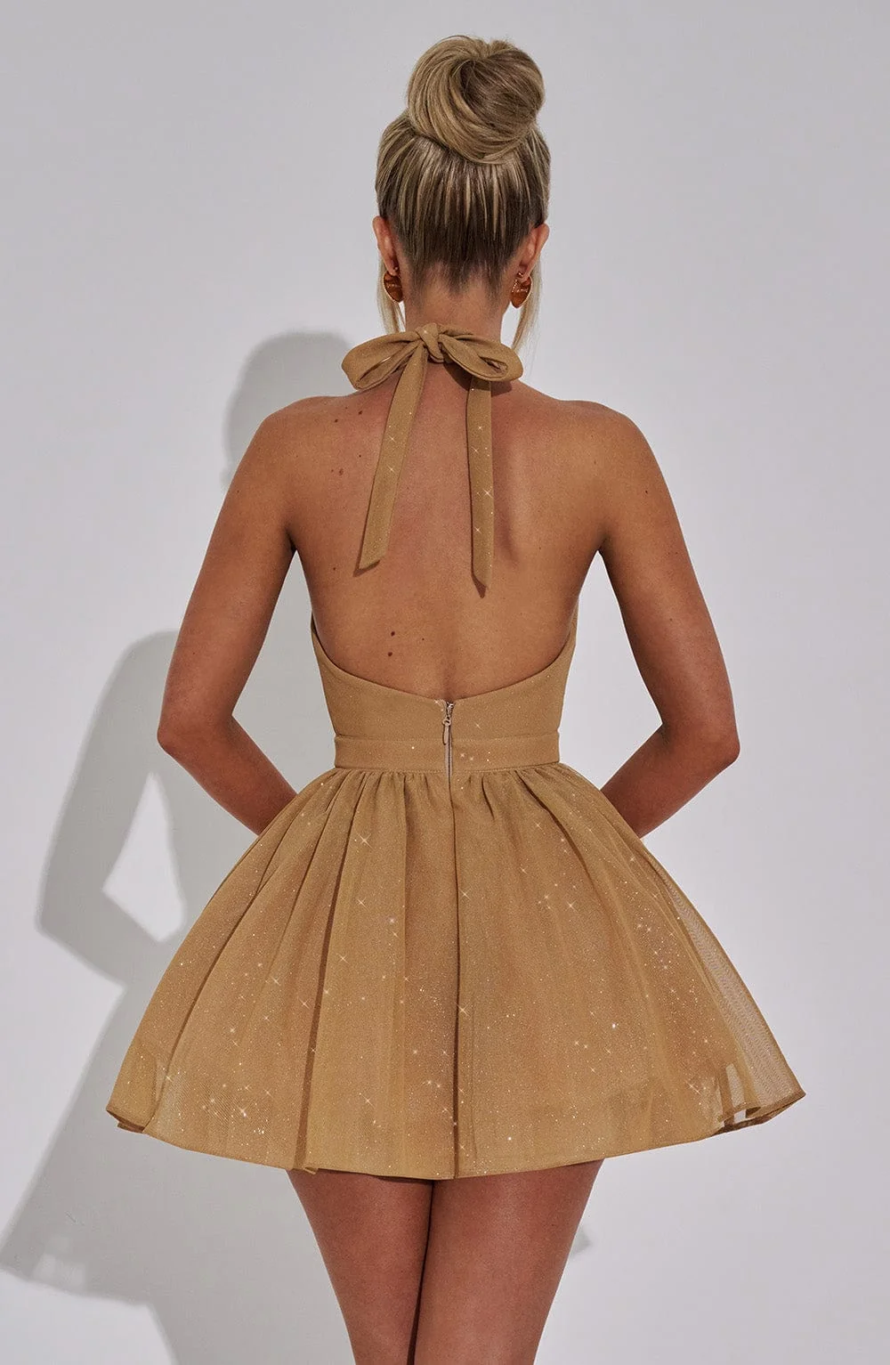Gold Sparkle Halter Mini Dress | Elegant Party Wear