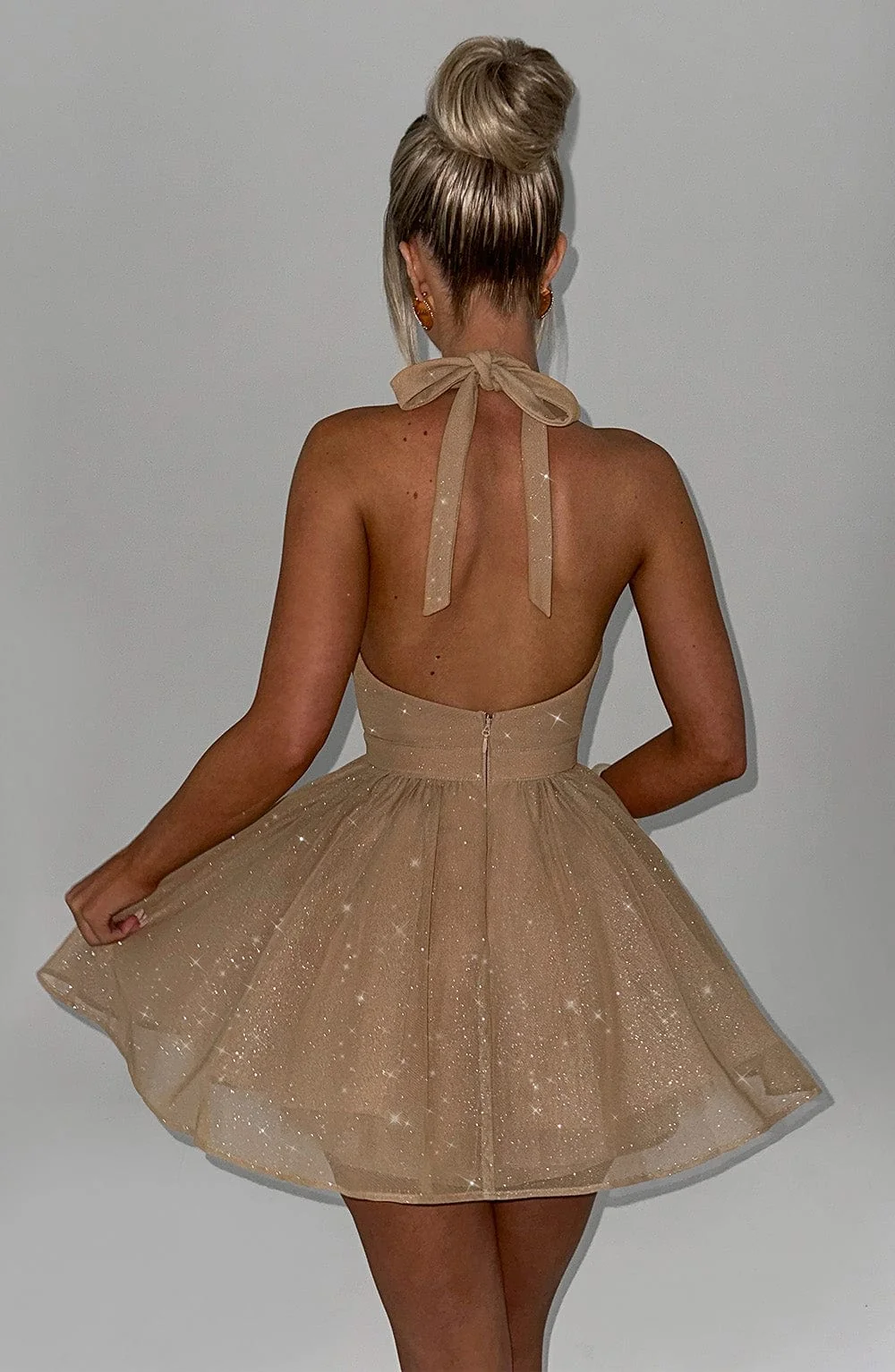 Gold Sparkle Halter Mini Dress | Elegant Party Wear