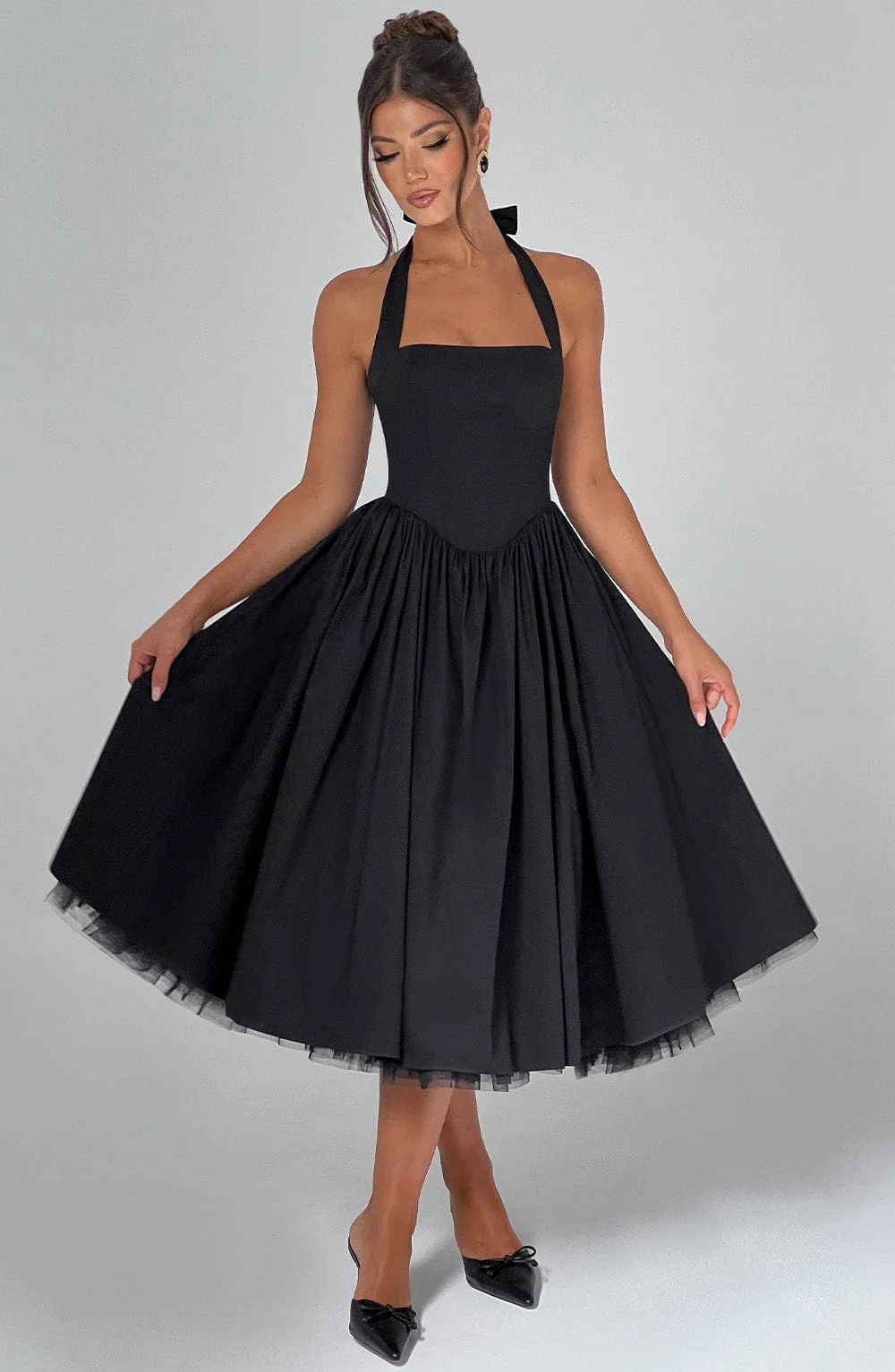Black Square Neck Midi Dress with Tulle Detailing