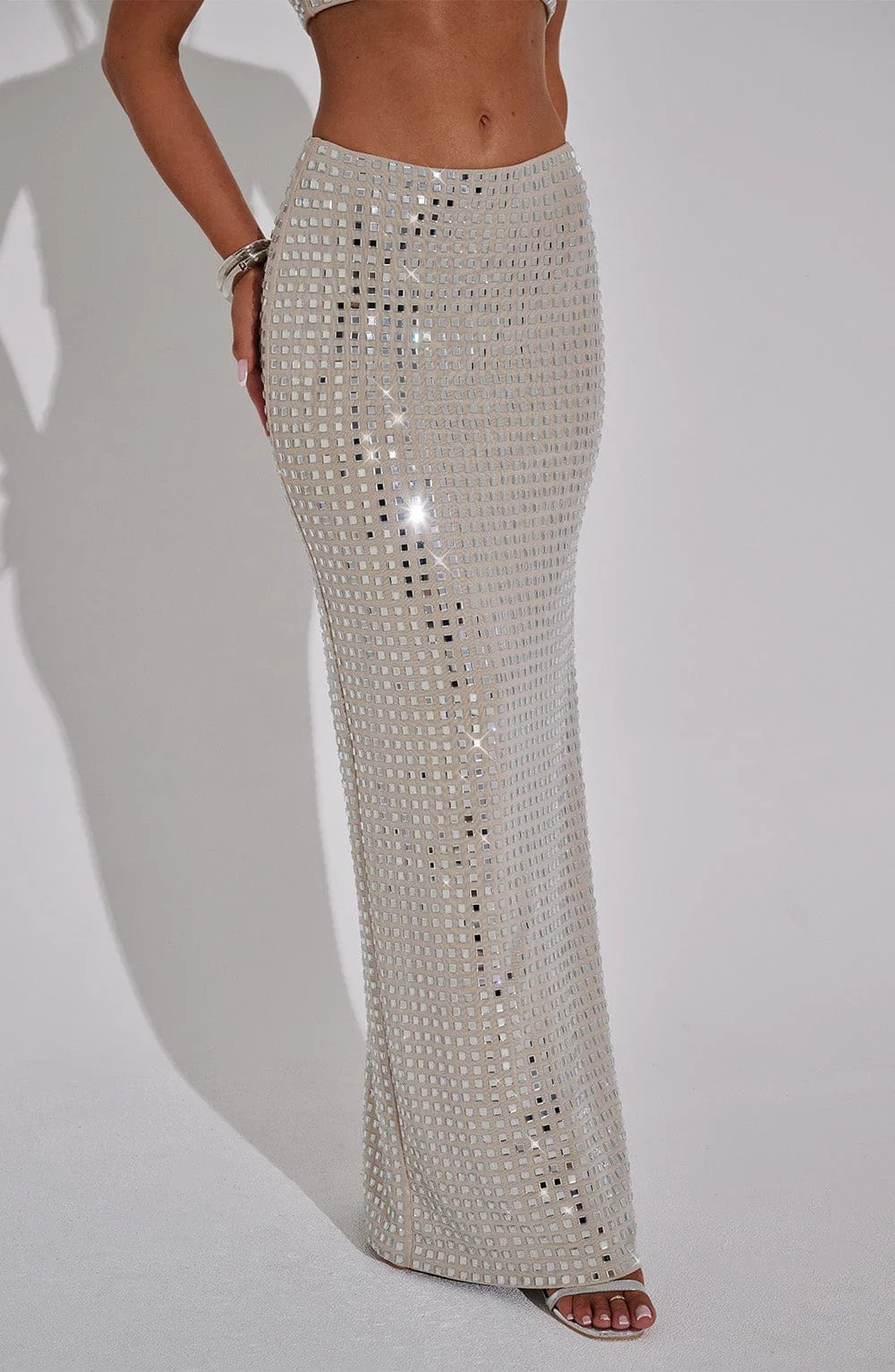 Nude Mesh Embellished Maxi Skirt - Elegant Column Style