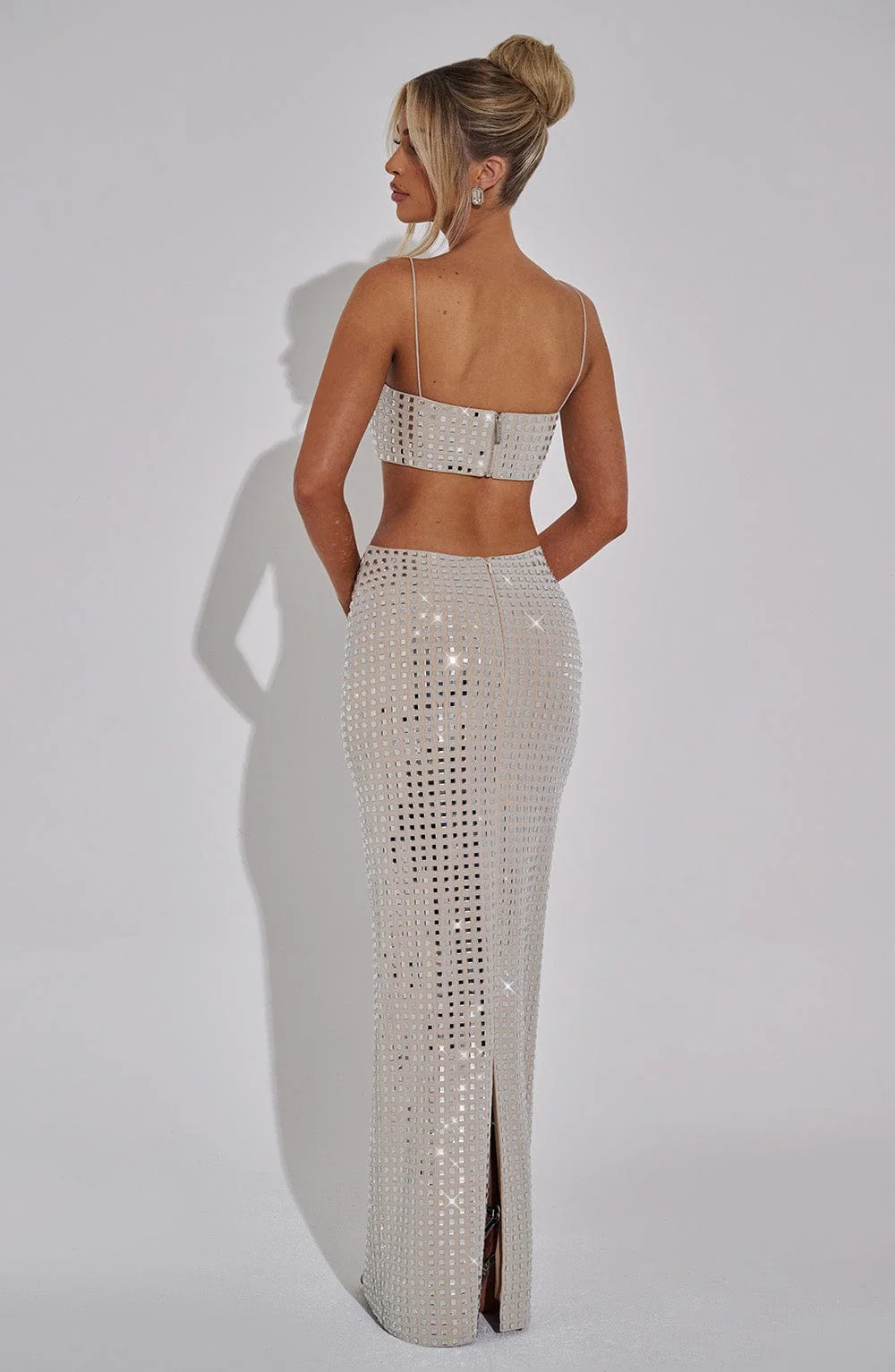 Nude Mesh Embellished Maxi Skirt - Elegant Column Style