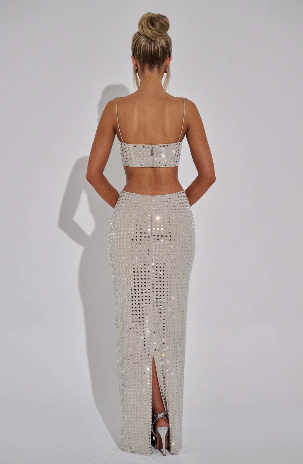 Nude Mesh Embellished Maxi Skirt - Elegant Column Style