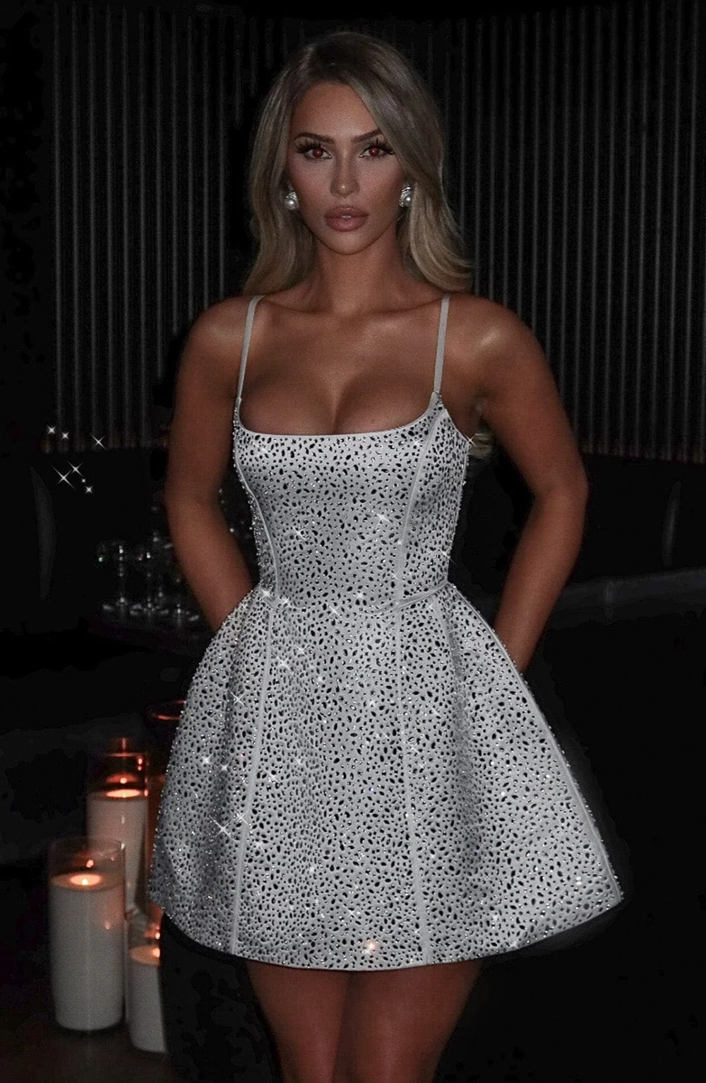 Ivory Mini Dress with Hotfix Rhinestones - Elegant Style