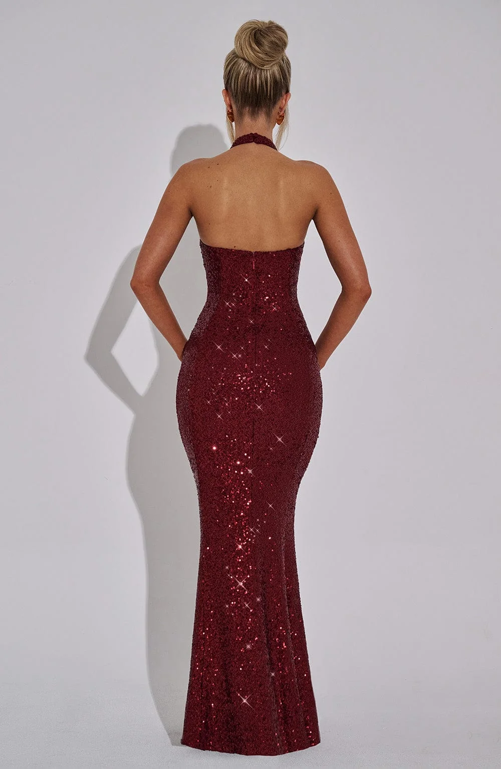 Luxury Sequin Halterneck Maxi Dress in Wine - Elegant Evening Gown