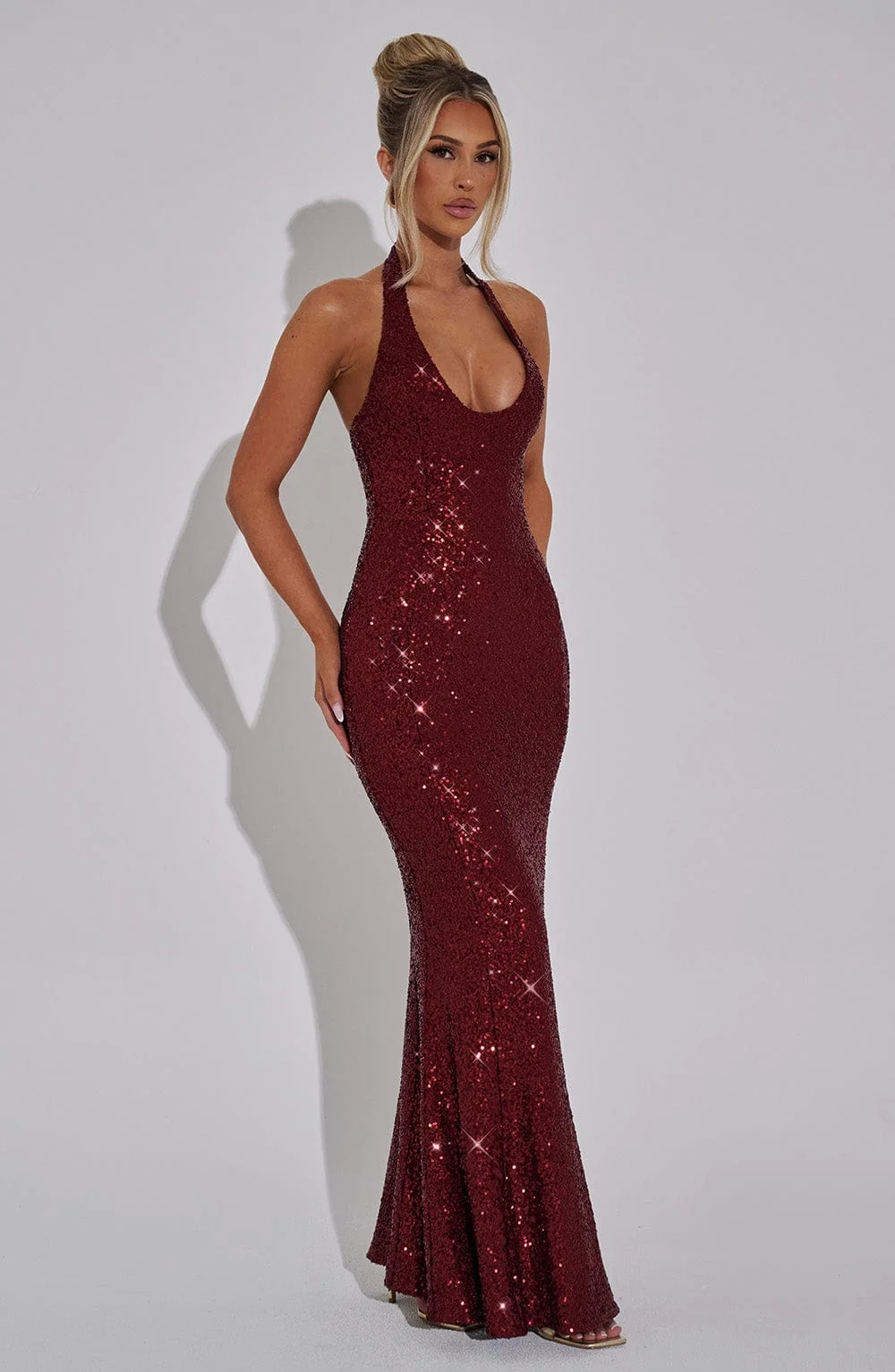 Luxury Sequin Halterneck Maxi Dress in Wine - Elegant Evening Gown