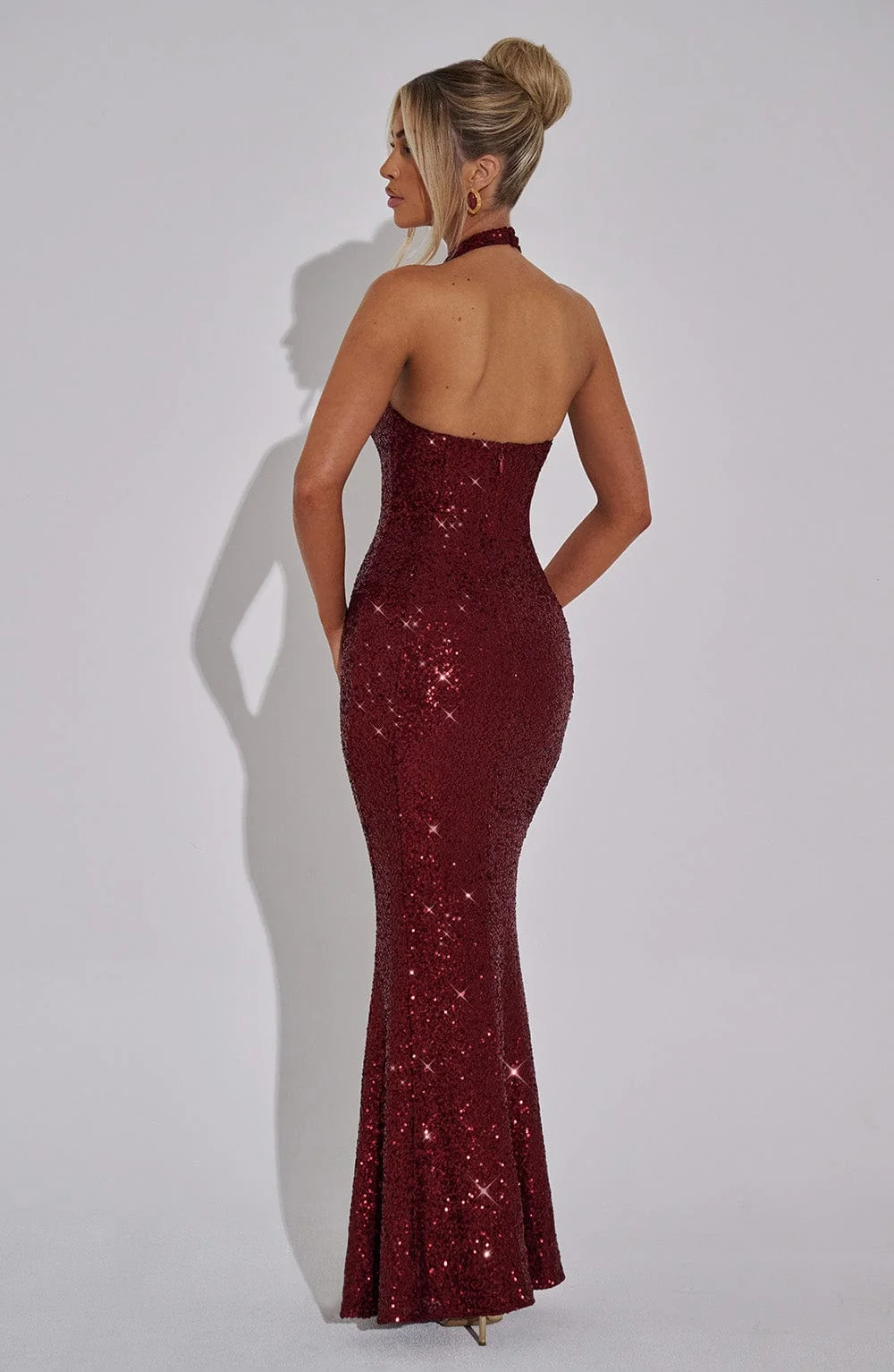Luxury Sequin Halterneck Maxi Dress in Wine - Elegant Evening Gown