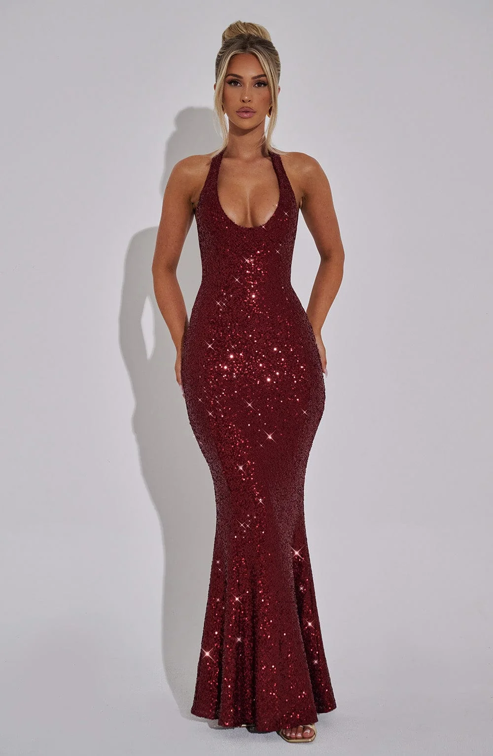 Luxury Sequin Halterneck Maxi Dress in Wine - Elegant Evening Gown