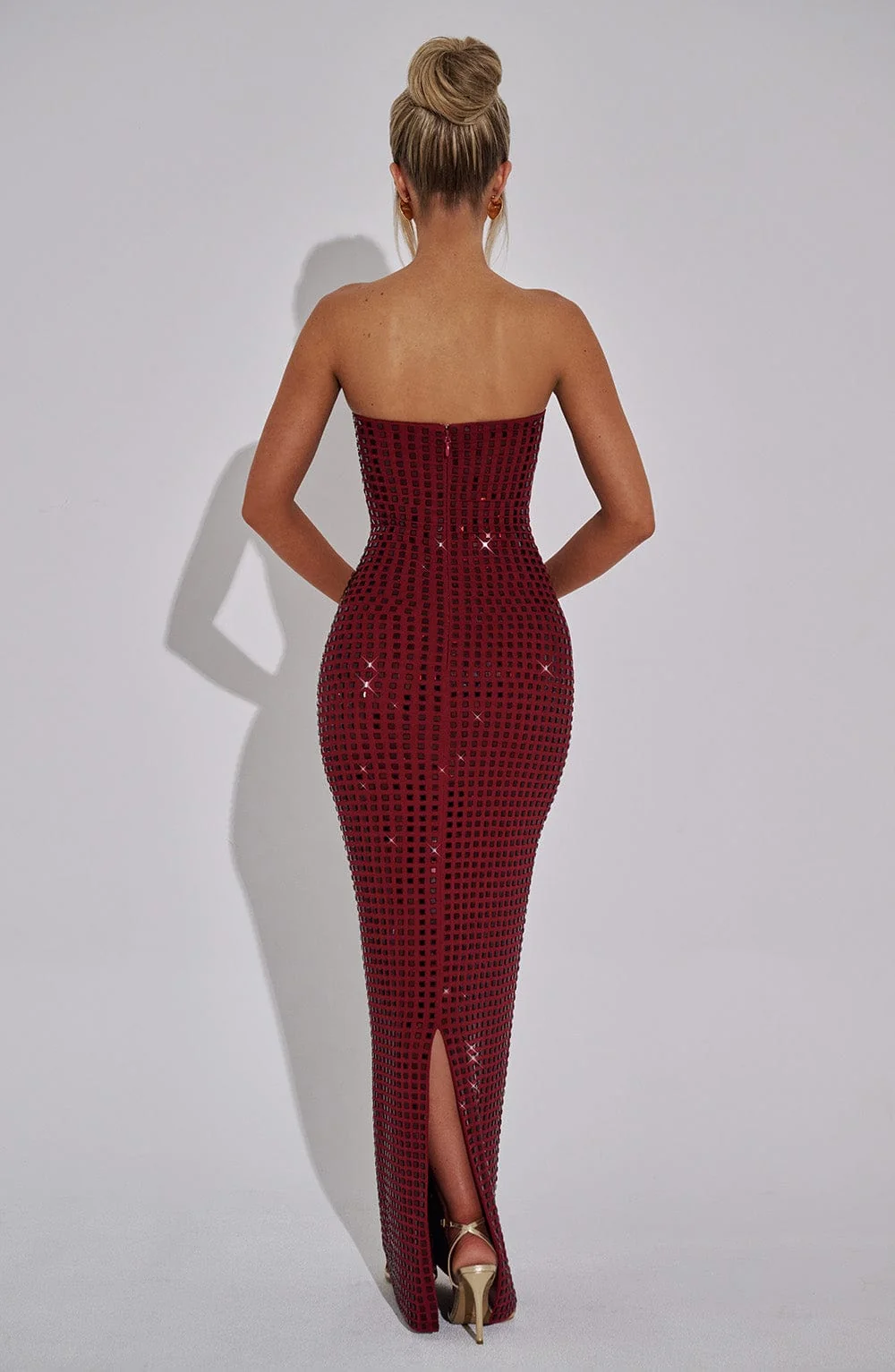 Wine Strapless Maxi Dress with Rhinestone Embellishments