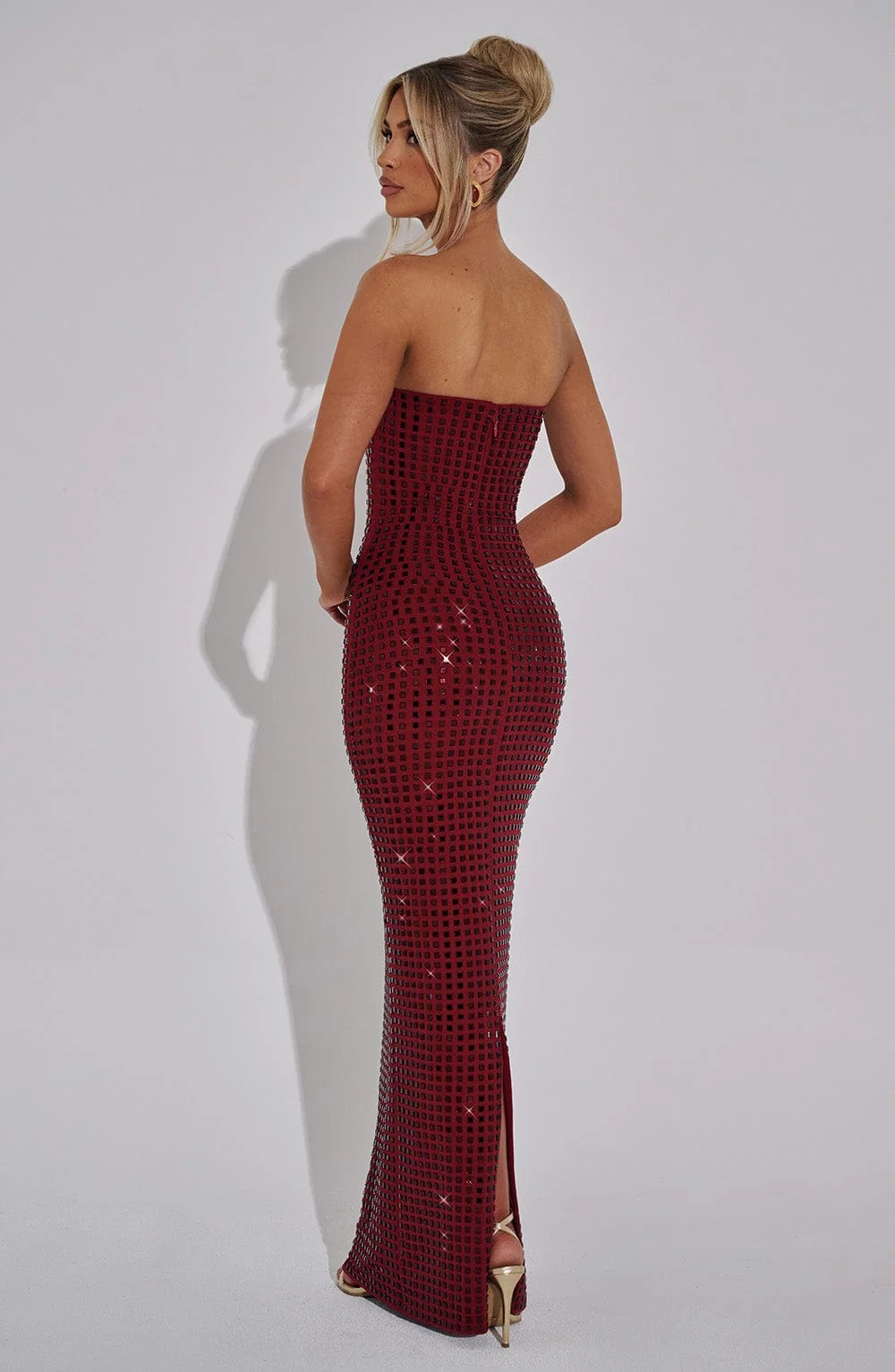 Wine Strapless Maxi Dress with Rhinestone Embellishments