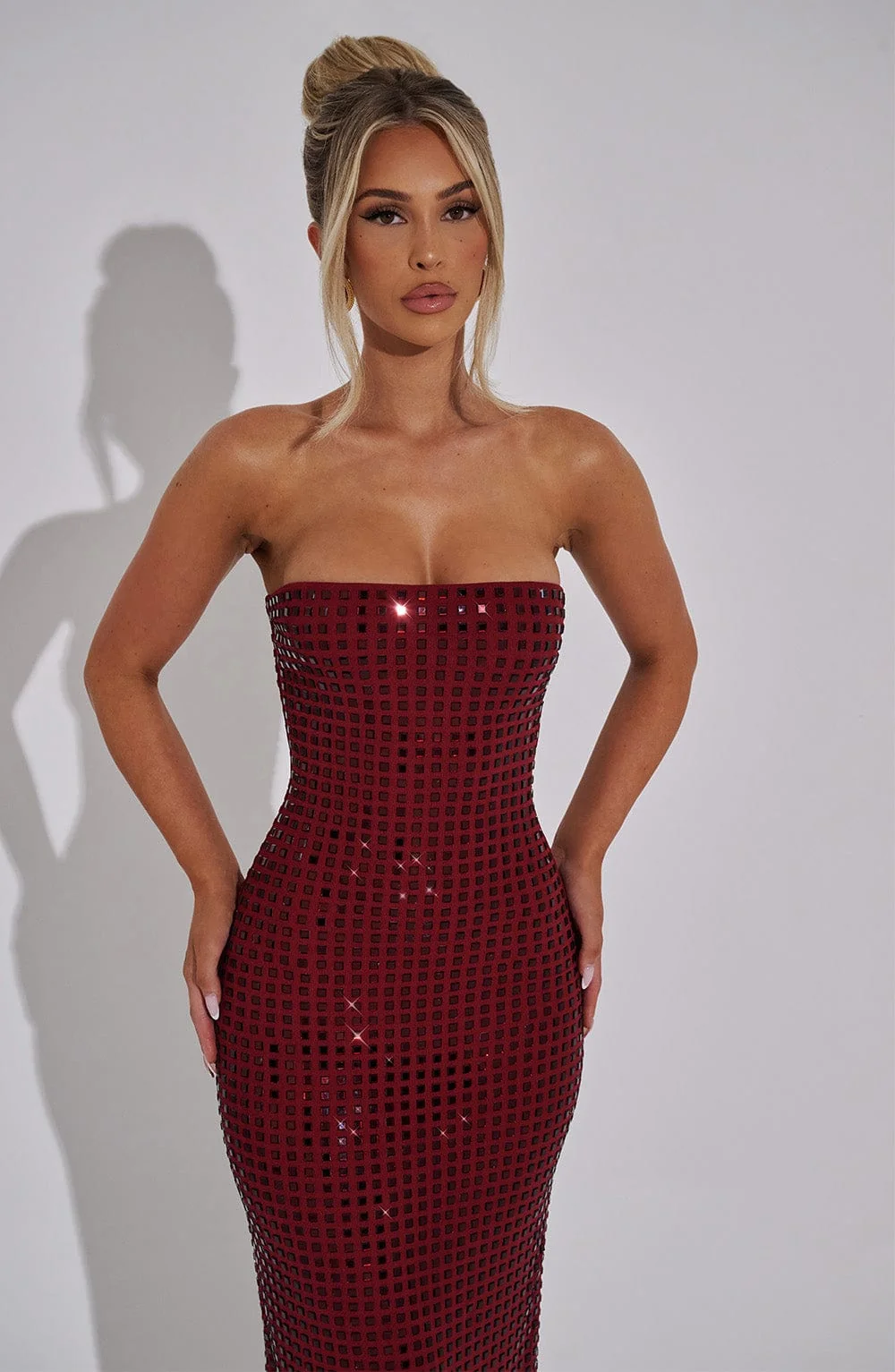Wine Strapless Maxi Dress with Rhinestone Embellishments