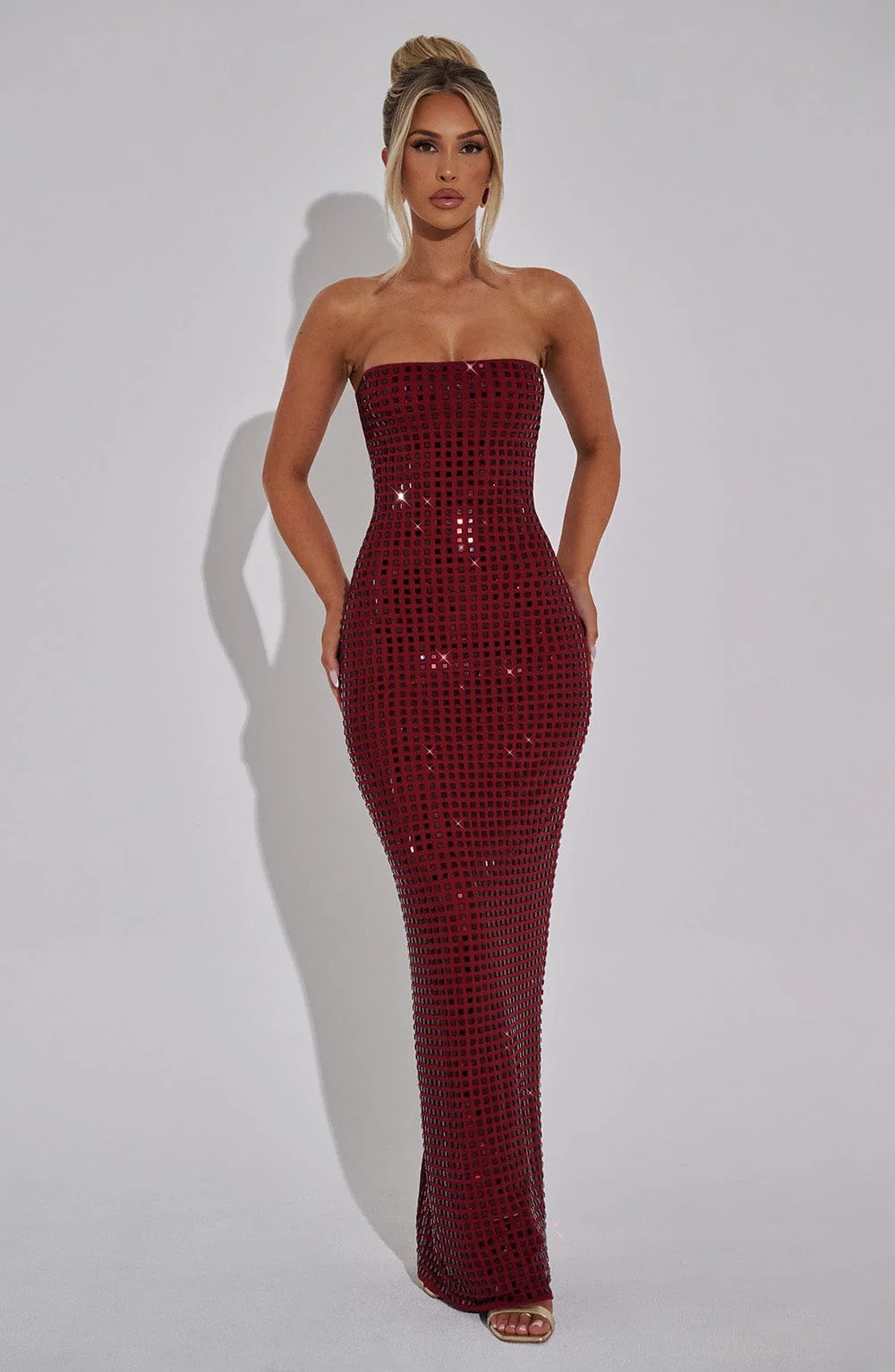 Wine Strapless Maxi Dress with Rhinestone Embellishments