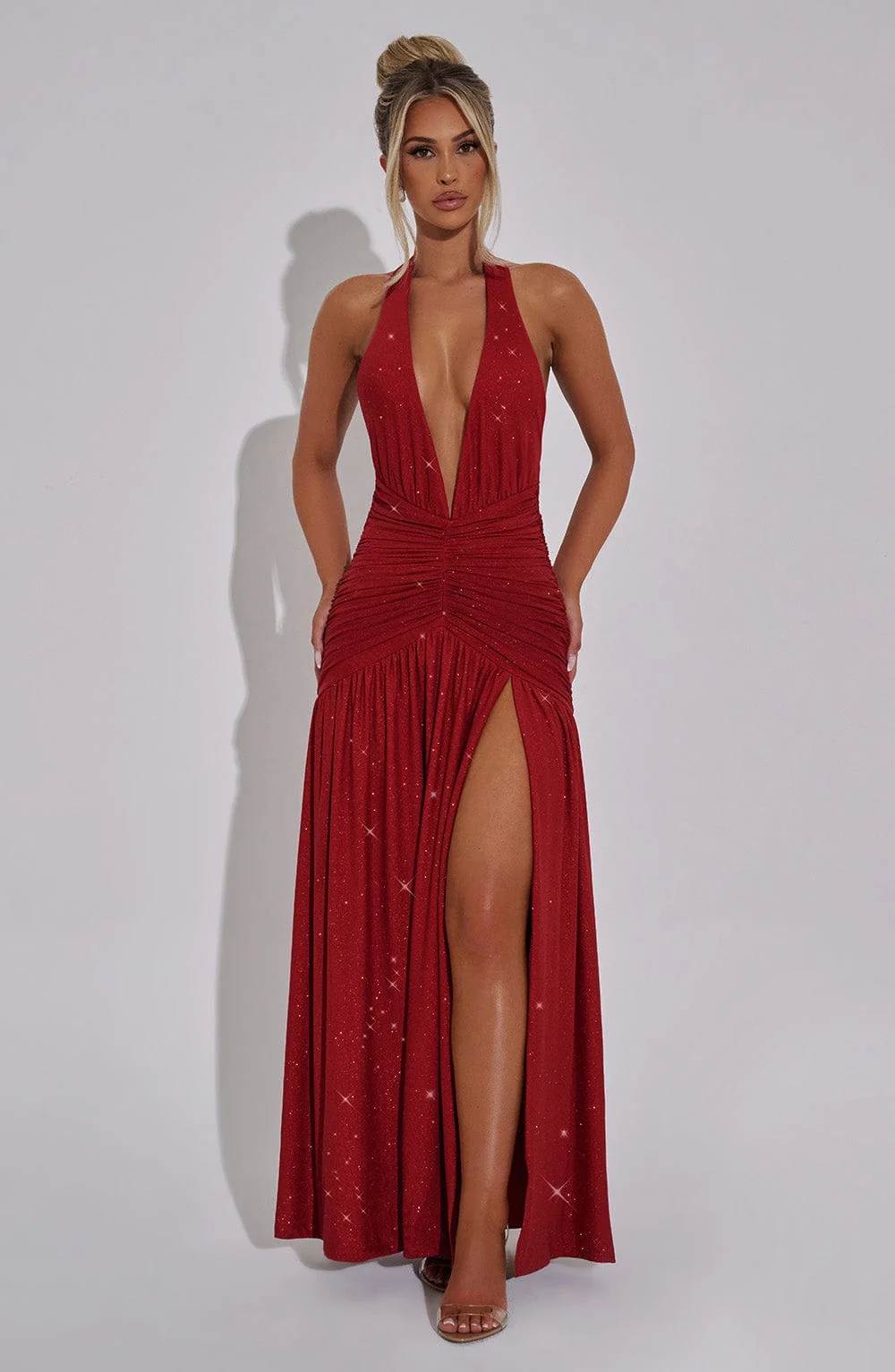 Red Sparkle Maxi Dress - Elegant Halter Neckline