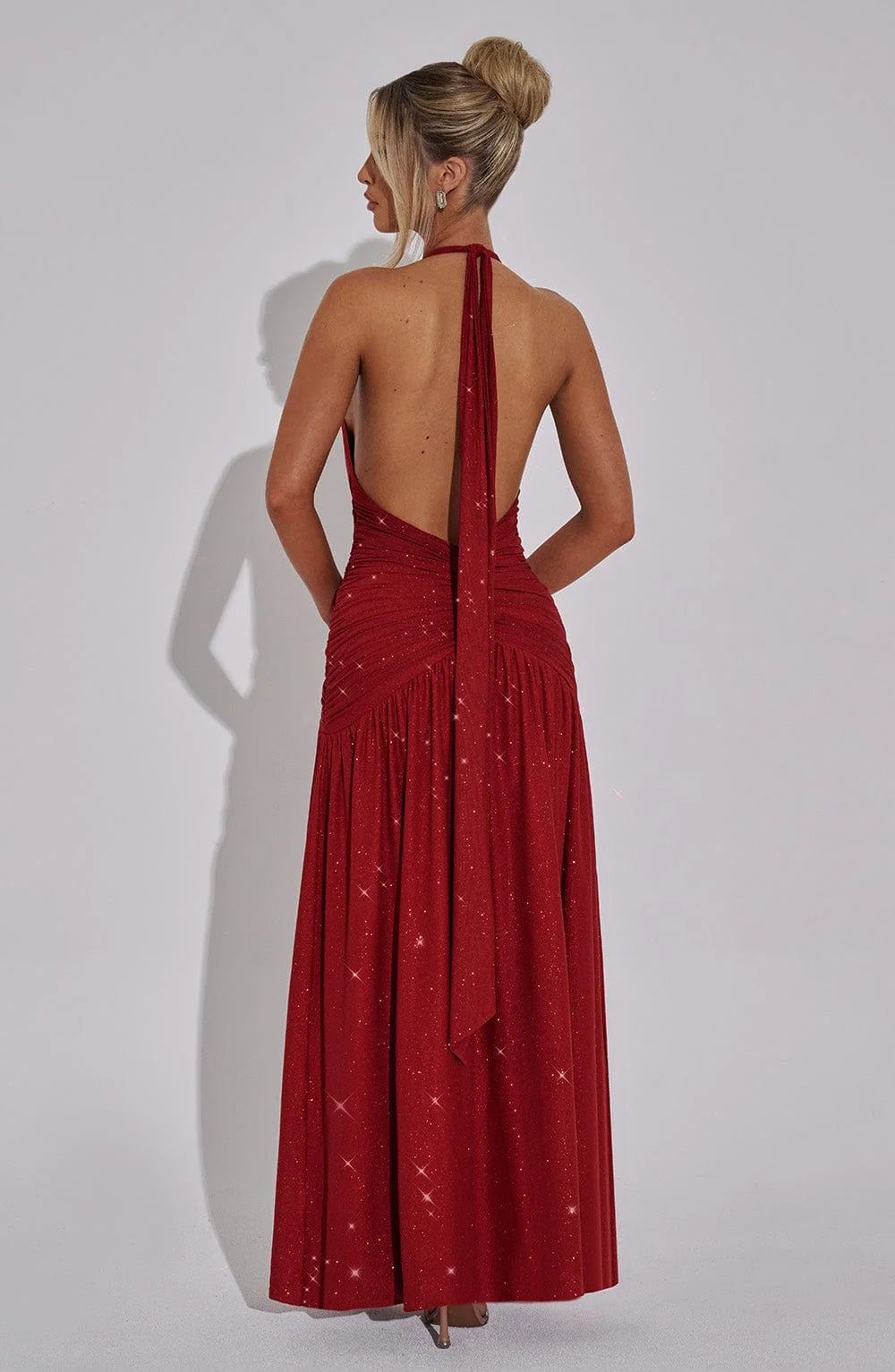 Red Sparkle Maxi Dress - Elegant Halter Neckline