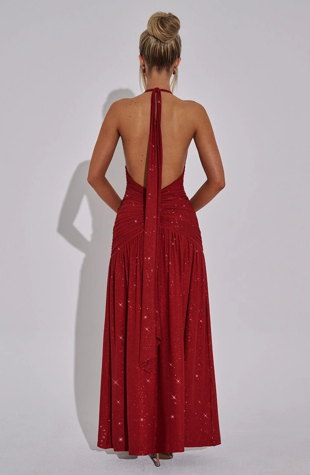 Red Sparkle Maxi Dress - Elegant Halter Neckline