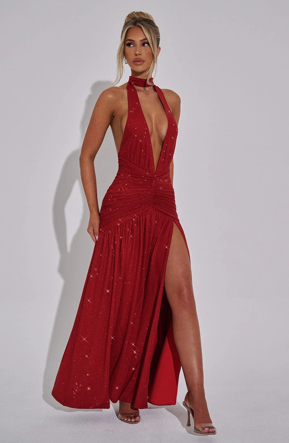 Red Sparkle Maxi Dress - Elegant Halter Neckline
