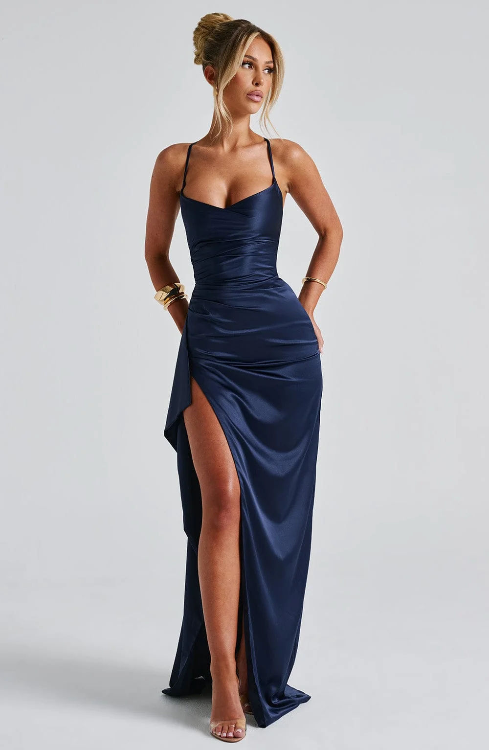 Navy Twist Cowl Neck Maxi Dress in Premium Satin Fabric