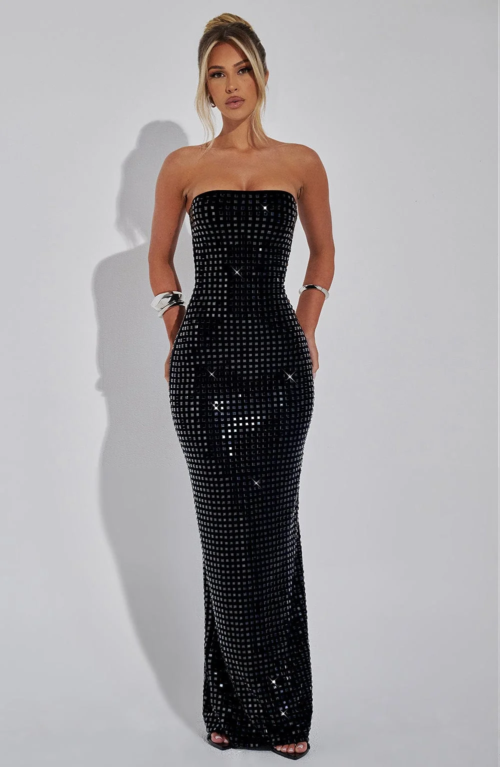 Black Strapless Maxi Dress with Hotfix Embellishments