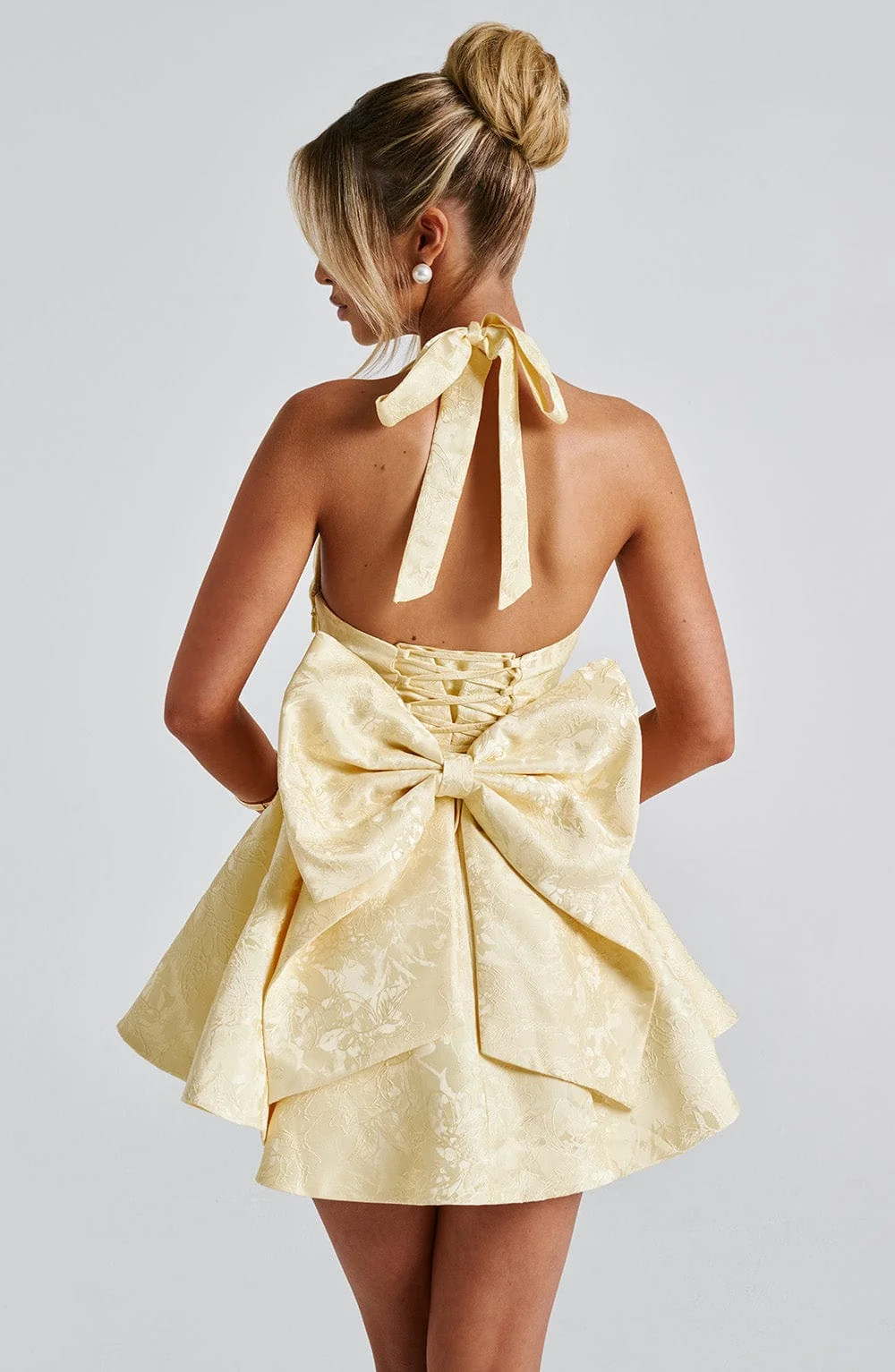Floral Jacquard Playsuit - Lemon Halter Neckline Skirt Overlay