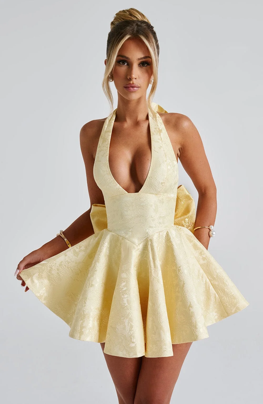 Floral Jacquard Playsuit - Lemon Halter Neckline Skirt Overlay