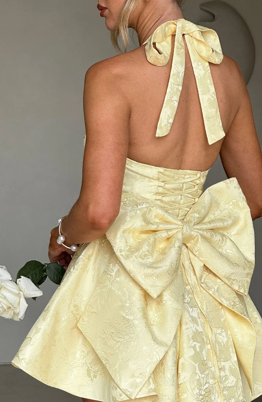 Floral Jacquard Playsuit - Lemon Halter Neckline Skirt Overlay