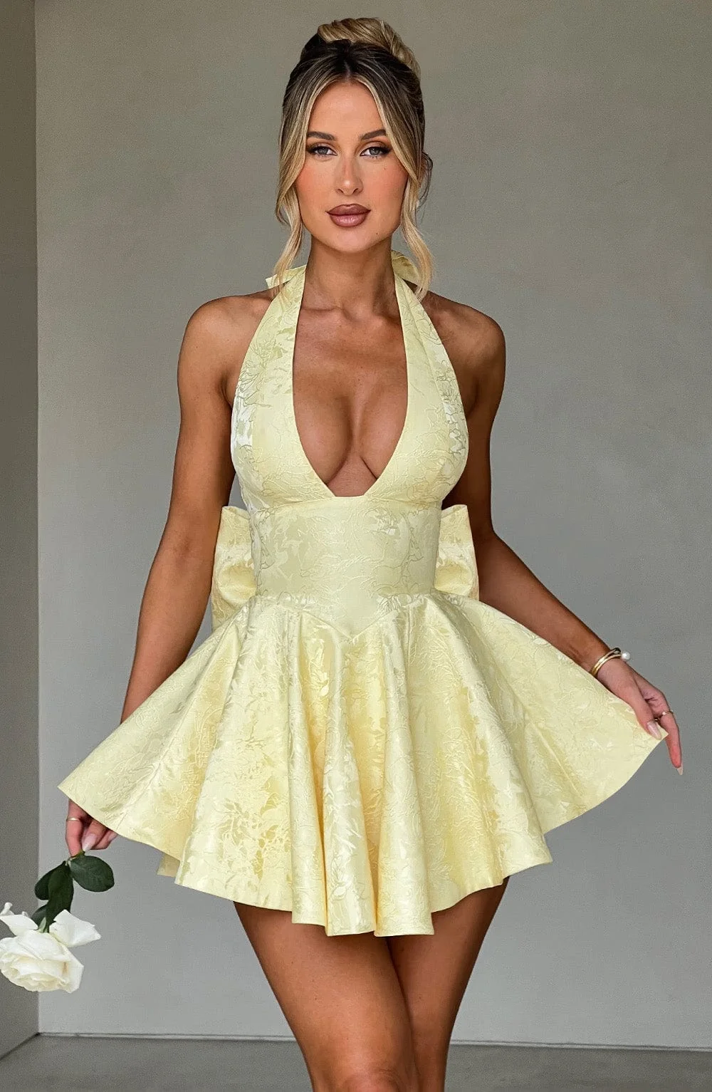 Floral Jacquard Playsuit - Lemon Halter Neckline Skirt Overlay