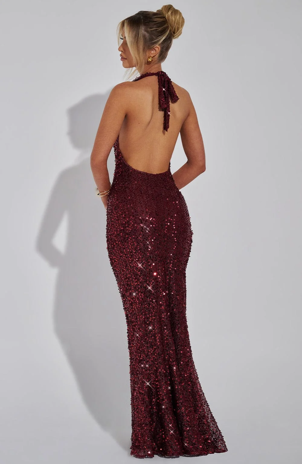 Sequin Halter Maxi Dress - Elegant Wine Design