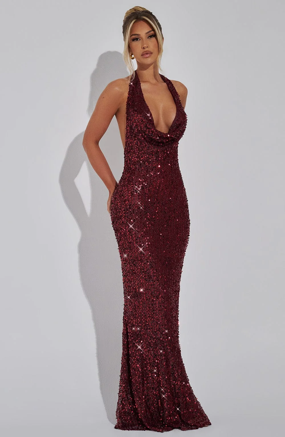 Sequin Halter Maxi Dress - Elegant Wine Design