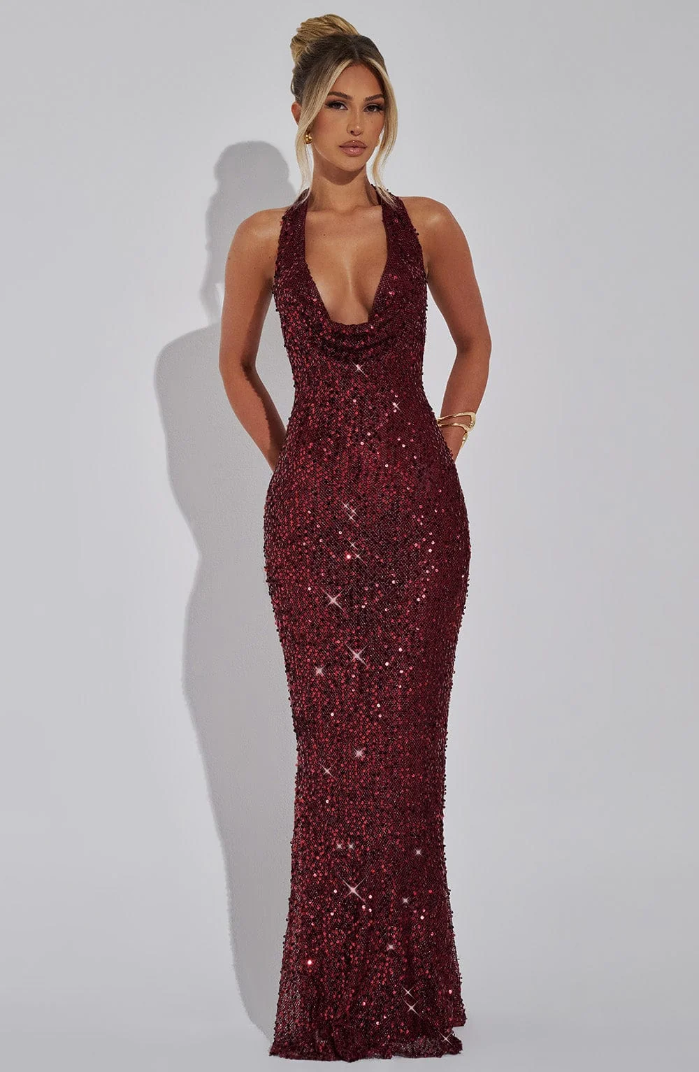 Sequin Halter Maxi Dress - Elegant Wine Design