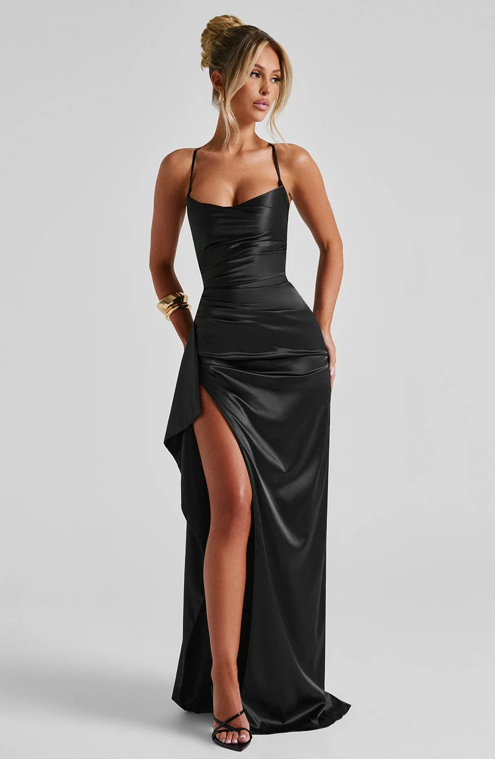 Black Stretch Satin Maxi Dress with Cowl Neckline