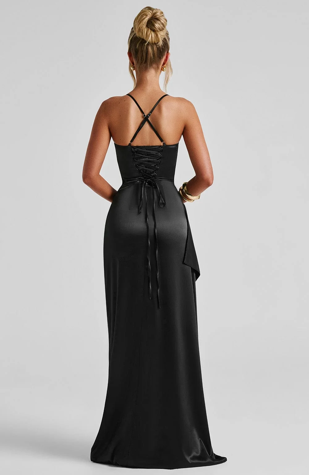 Black Stretch Satin Maxi Dress with Cowl Neckline