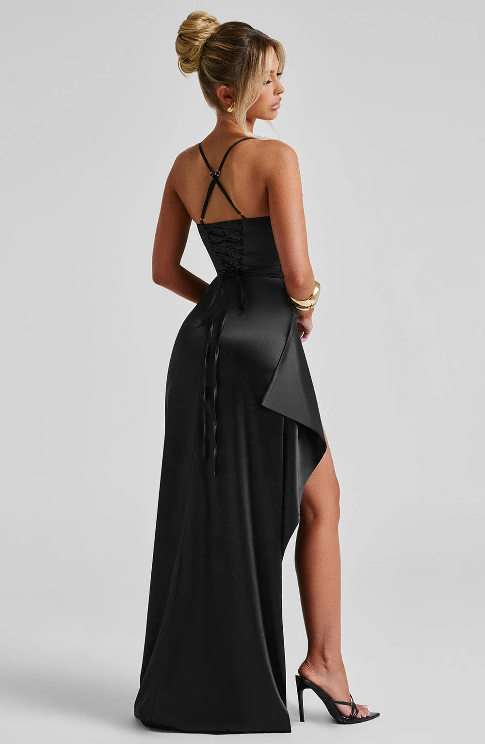 Black Stretch Satin Maxi Dress with Cowl Neckline