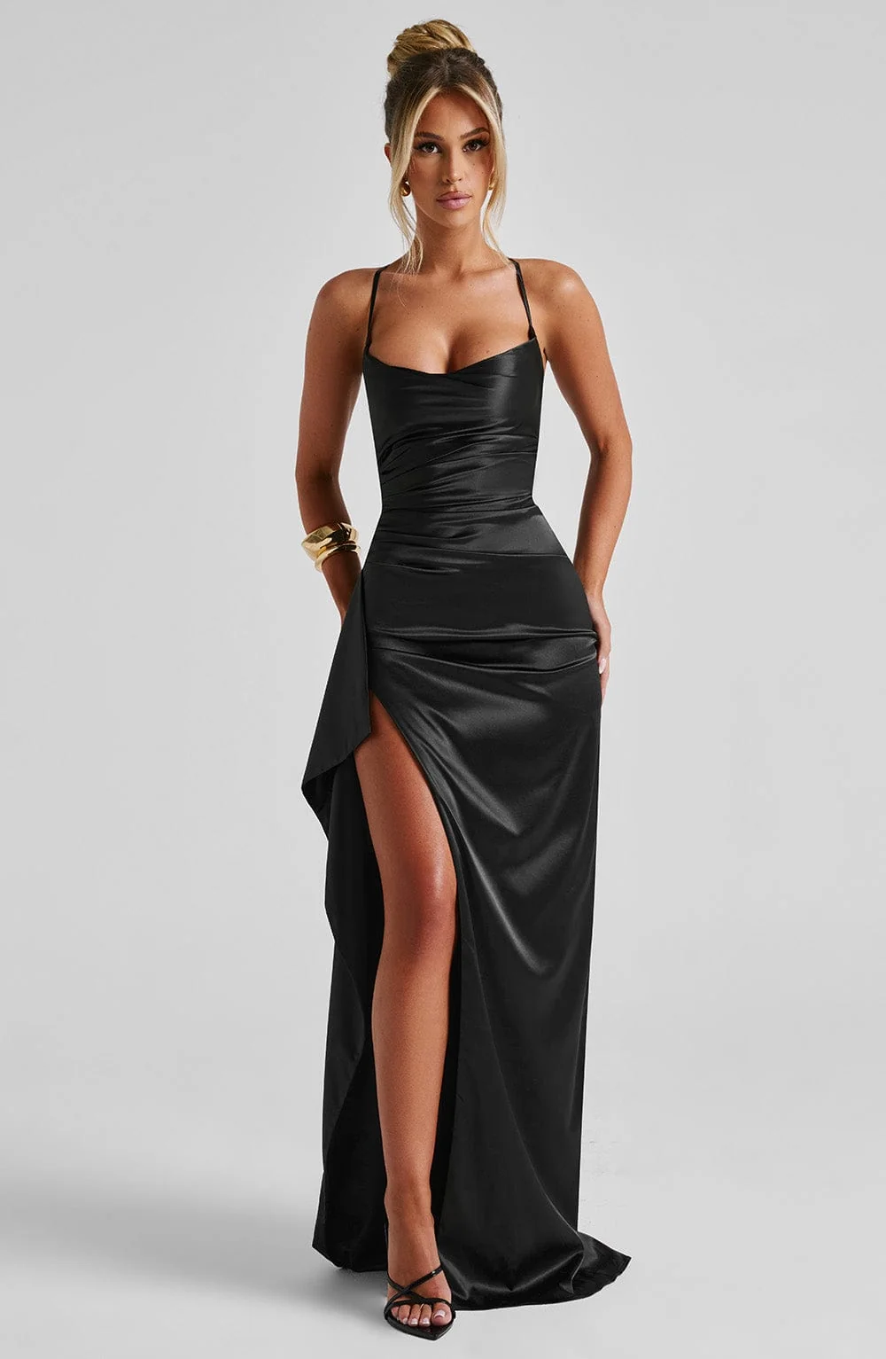 Black Stretch Satin Maxi Dress with Cowl Neckline