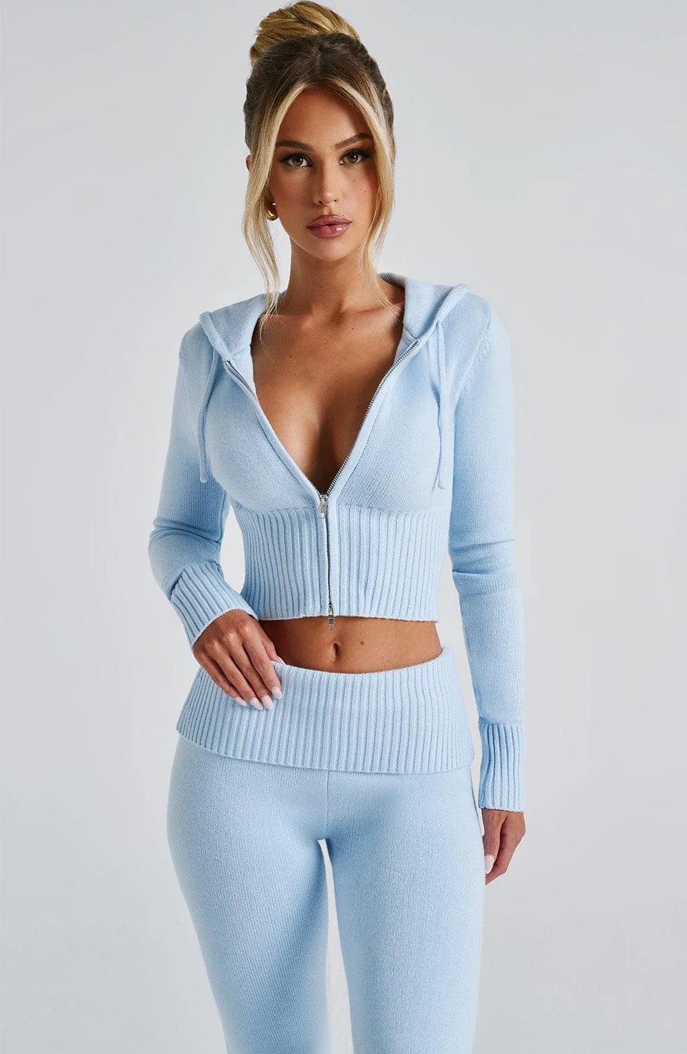 Baby Blue Cropped Knit Hoodie with 2-Way Zipper