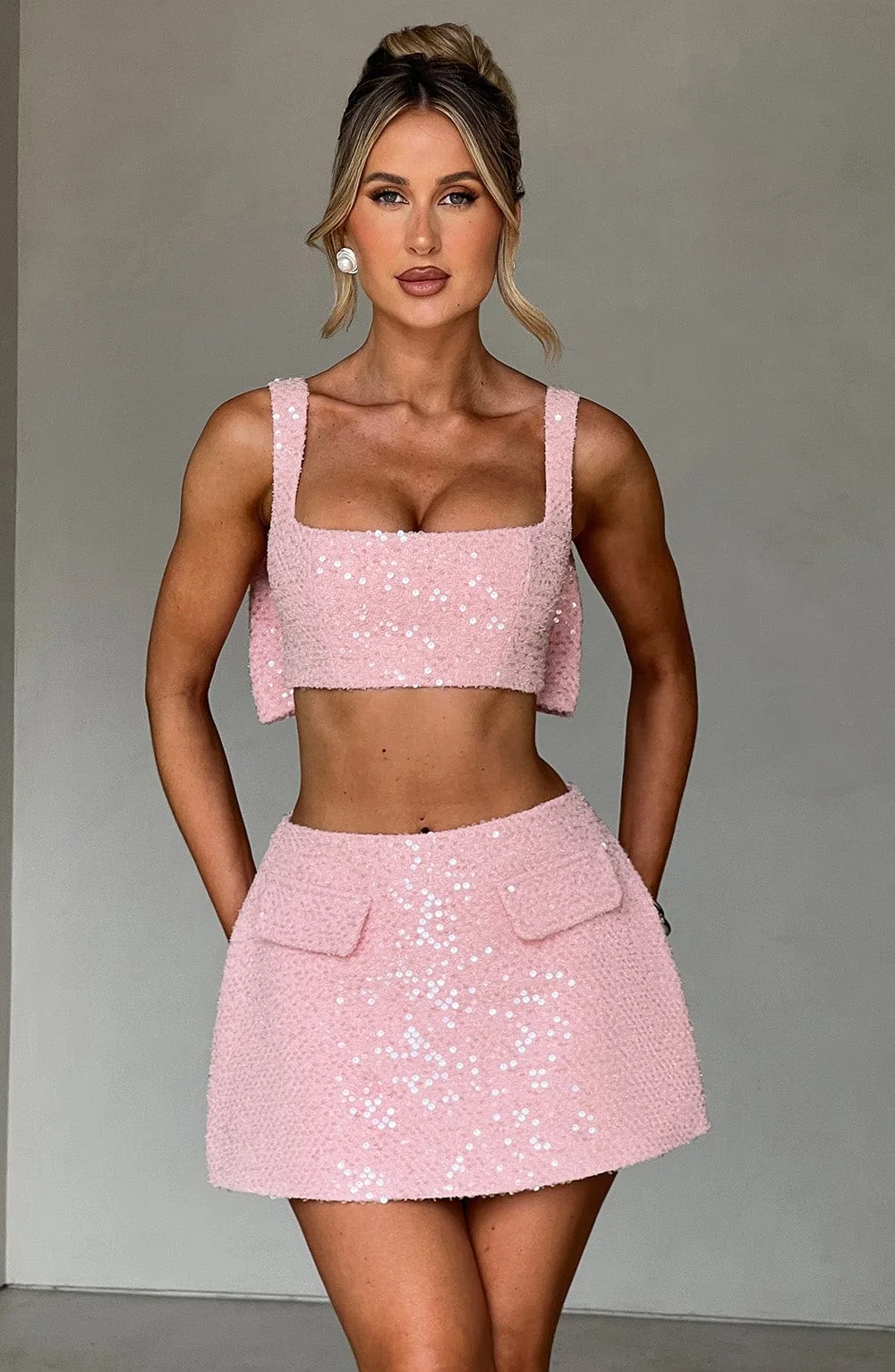 Sequin Tweed Bow Bralette Top in Blush - Adjustable Straps